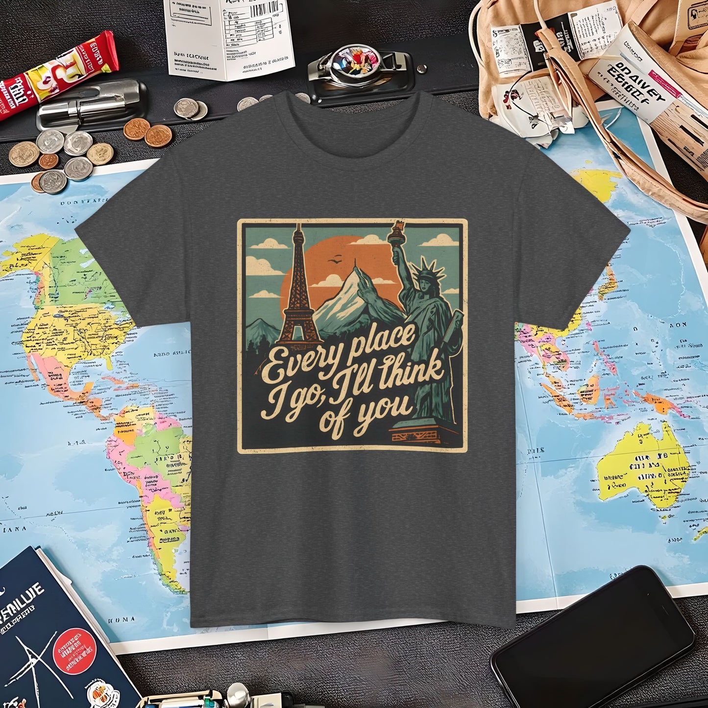 Every Place I Go, I’ll Think of You T-Shirt – Vintage Postcard Travel Collage with Iconic Landmarks Air Travel T-Shirts | Jetsetter, Airport, and International Flight Tees