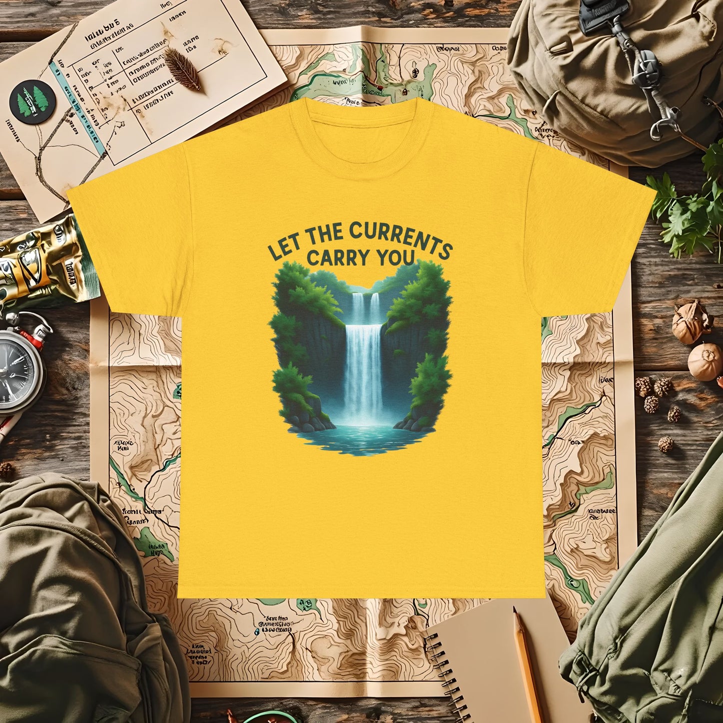 Let the Currents Carry You T-Shirt – Waterfall Escape Design Camping, Hiking, Rafting & Kayaking Tees for Nature Lovers
