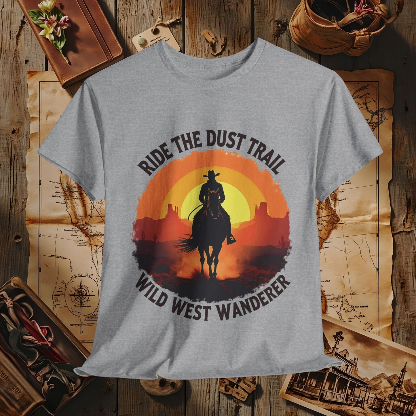 Ride the Dust Trail, Wild West Wanderer Western Travel T-Shirts | Desert, Ghost Town, and Cowboy-Inspired Adventure Tees
