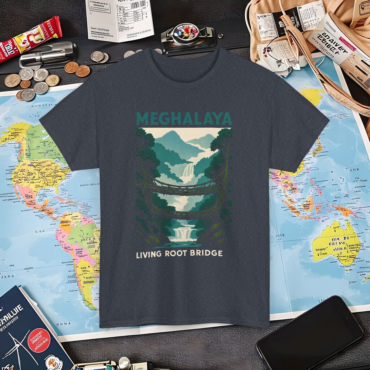 Living Root Bridges of Meghalaya – Hidden India Nature Adventure Tee Air Travel T-Shirts | Jetsetter, Airport, and International Flight Tees