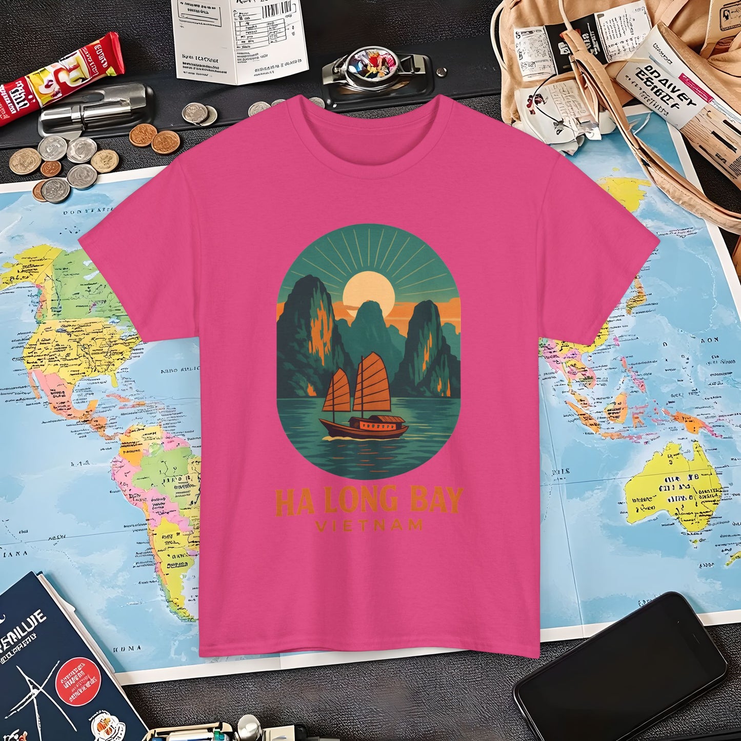 Ha Long Bay Vietnam T-Shirt – Art Deco Junk Boat Travel Shirt for Southeast Asia Lovers Air Travel T-Shirts | Jetsetter, Airport, and International Flight Tees