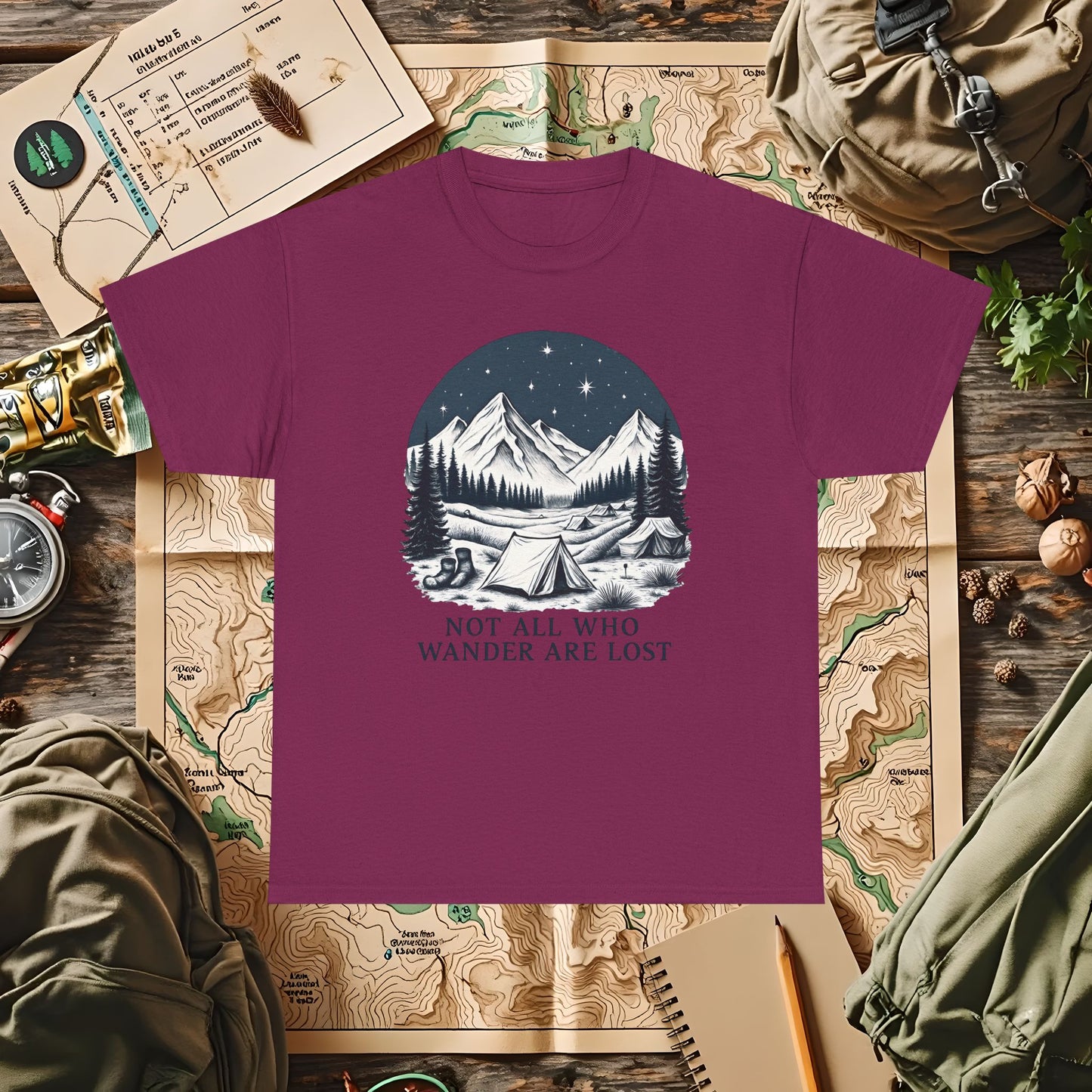 Not All Who Wander Are Lost T-Shirt – Mountain Camping Under Starry Night Camping, Hiking, Rafting & Kayaking Tees for Nature Lovers
