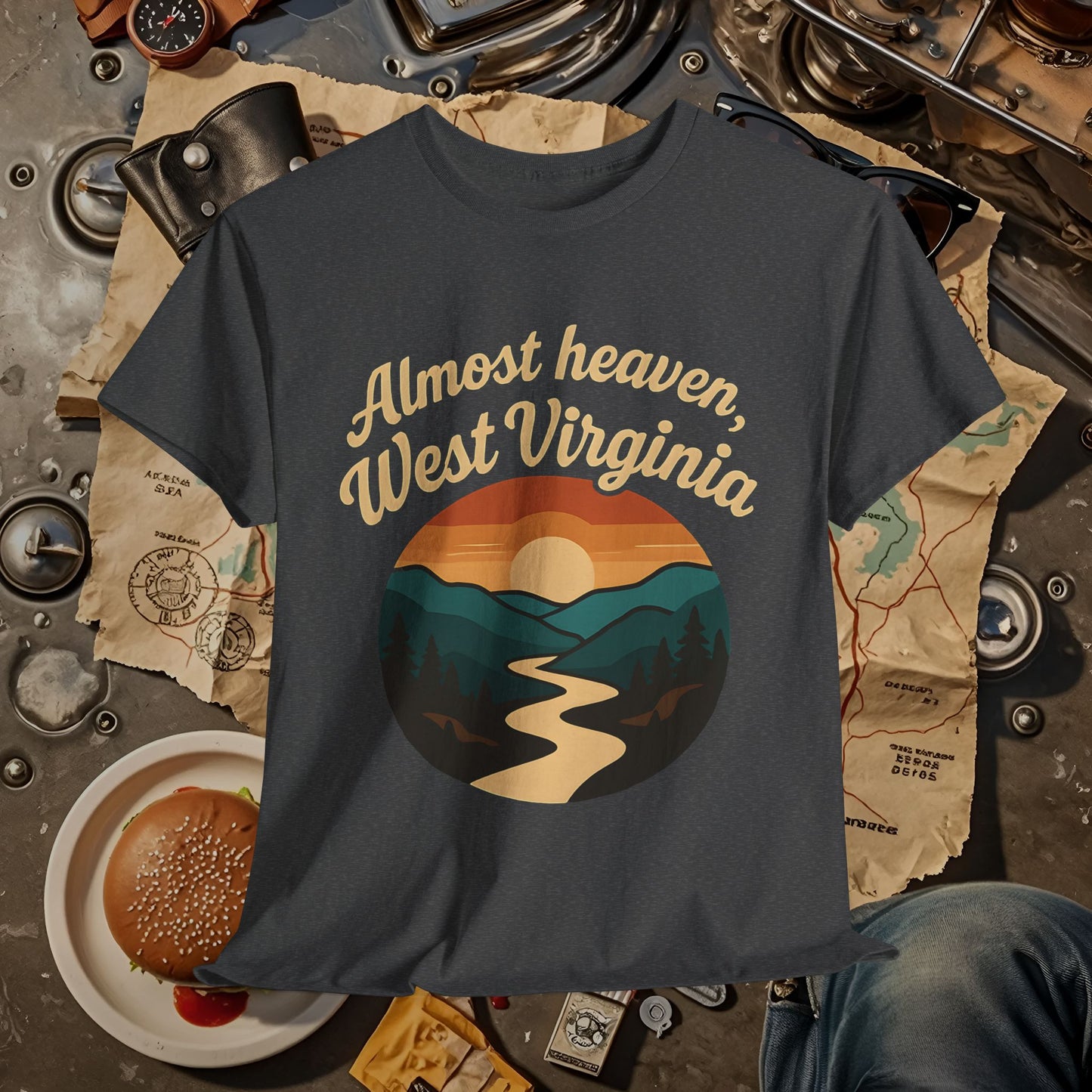 Almost Heaven, West Virginia T-Shirt – Vintage Appalachian Sunset with Winding River Road Trip & Vehicle Travel T-Shirts | Car, RV, and Motorcycle Adventure Tees