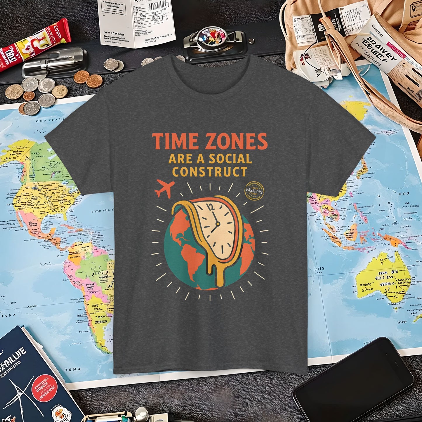 Time Zones Are a Social Construct Tee – Melting Clock Over World Map Travel Shirt Air Travel T-Shirts | Jetsetter, Airport, and International Flight Tees
