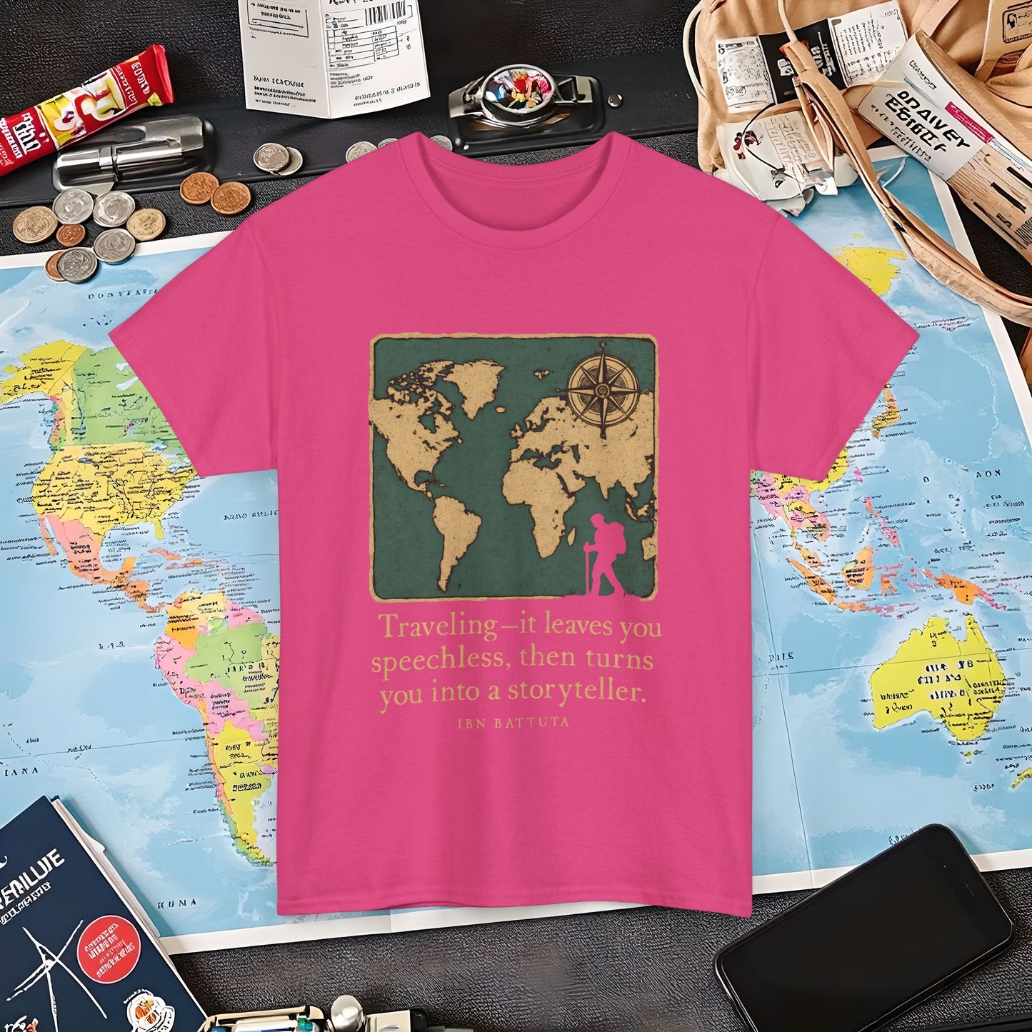 Speechless to Storyteller – Vintage Map Wanderlust Quote Tee Air Travel T-Shirts | Jetsetter, Airport, and International Flight Tees
