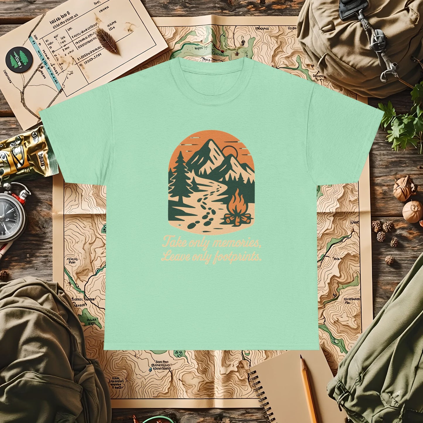 Take Only Memories, Leave Only Footprints — Sunset Mountain Trail Adventure Badge T-Shirt | Camping, Hiking, Rafting & Kayaking Tees for Nature Lovers