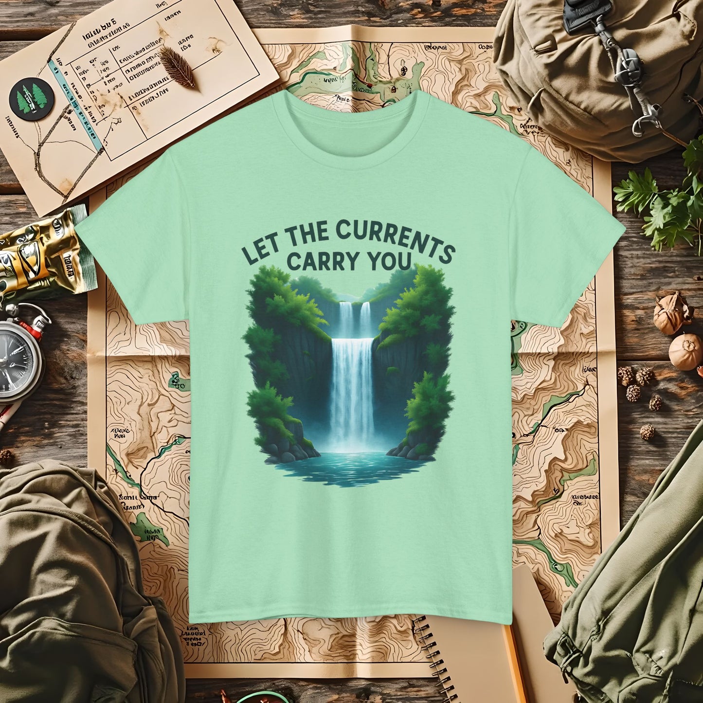 Let the Currents Carry You T-Shirt – Waterfall Escape Design Camping, Hiking, Rafting & Kayaking Tees for Nature Lovers