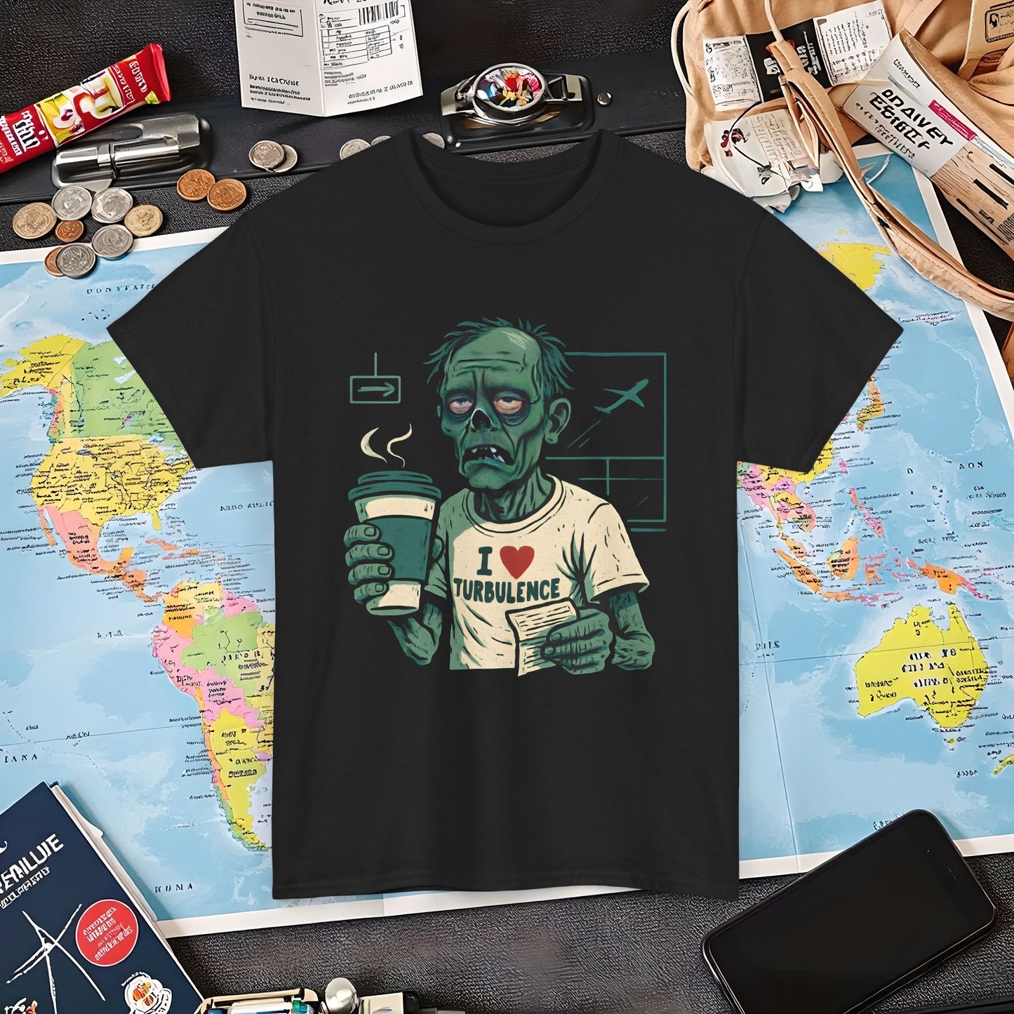 I Love Turbulence – Exhausted Zombie Traveler Coffee Tee Air Travel T-Shirts | Jetsetter, Airport, and International Flight Tees