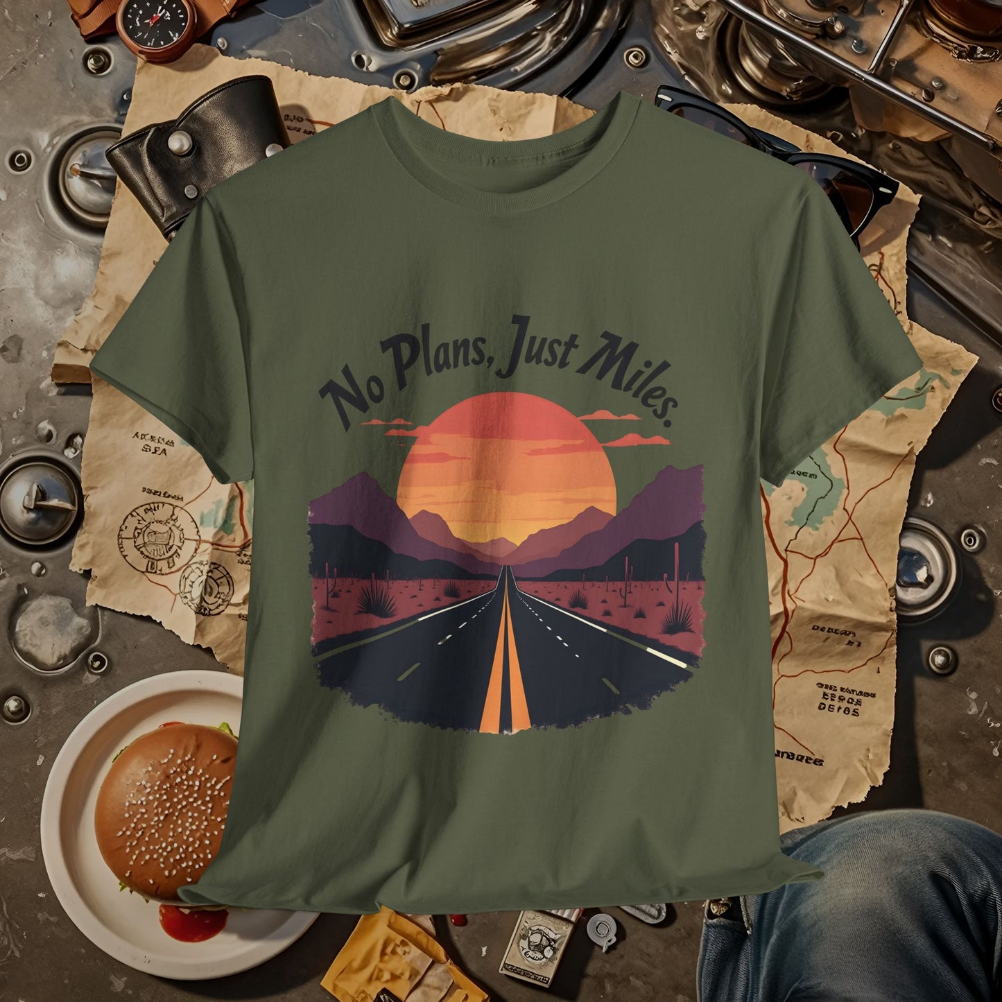 No Plans, Just Miles Adventure Road Unisex Cotton Tee - Travel Shirt, Road Trip Tee, Travel Lover Gift, Nature Lover Shirt, Vacation T-Shirt, Charity Donation