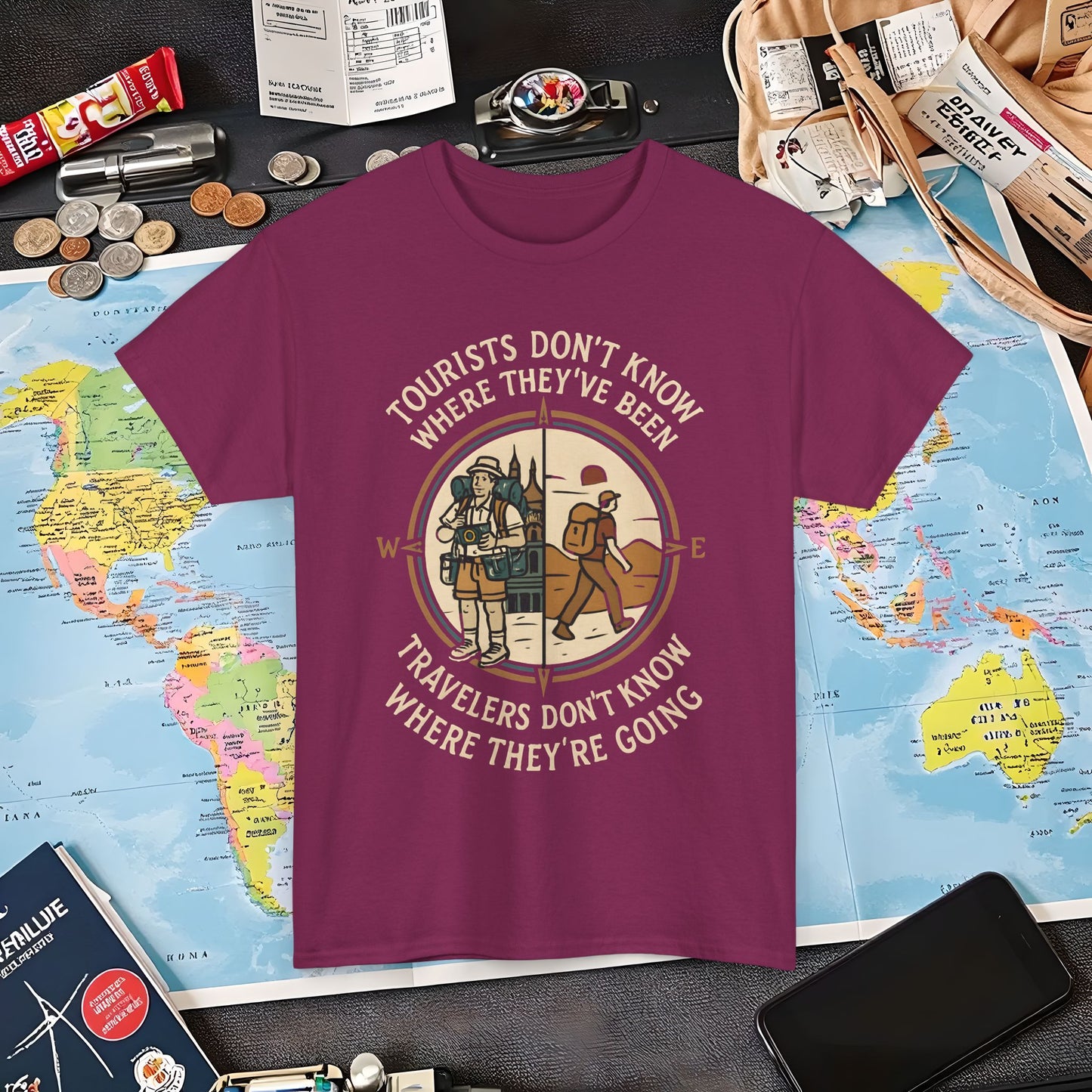 Tourists vs. Travelers – Vintage Compass Emblem Quote Tee | Layover Club Air Travel T-Shirts | Jetsetter, Airport, and International Flight Tees