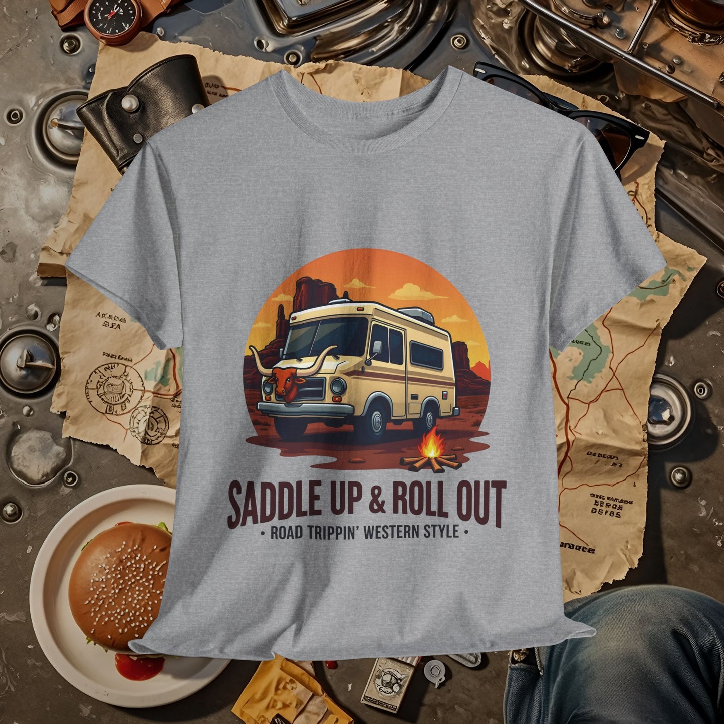 Saddle Up and Roll out Road Trip & Vehicle Travel T-Shirts | Car, RV, and Motorcycle Adventure Tees