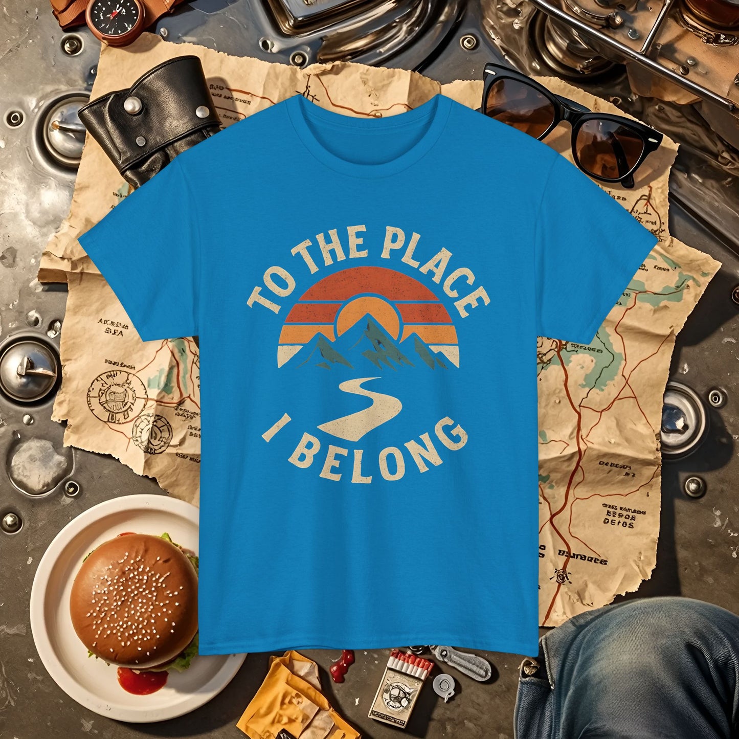 To the Place I Belong T-Shirt – Retro Sunset Mountain Road Travel Badge Road Trip & Vehicle Travel T-Shirts | Car, RV, and Motorcycle Adventure Tees
