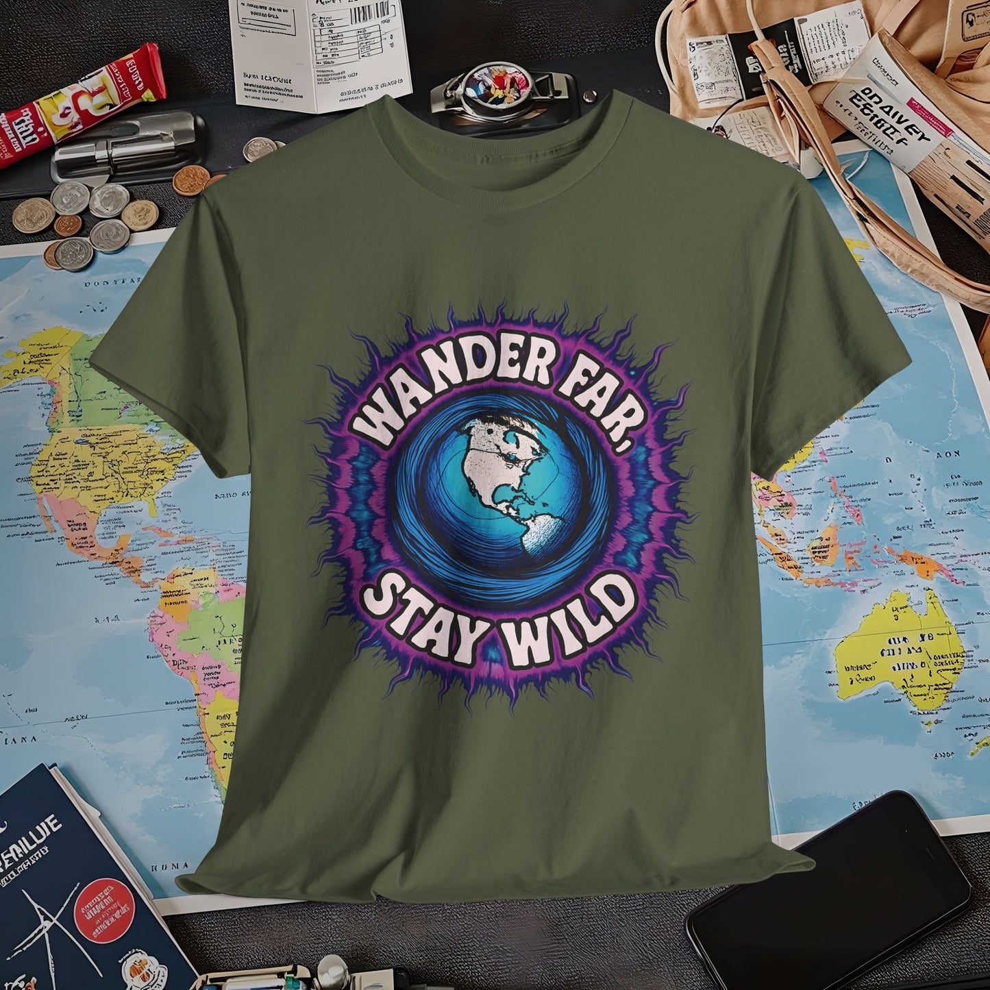 Wander Far, Stay Wild T-Shirt – Globe Burst Adventure Design Air Travel T-Shirts | Jetsetter, Airport, and International Flight Tees