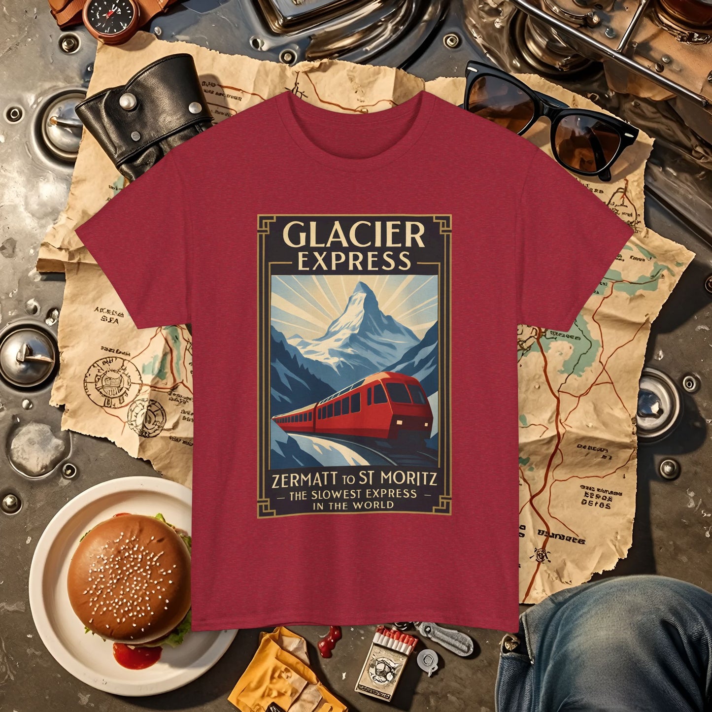 Glacier Express – Art Deco Alpine Train Adventure Tee Road Trip & Vehicle Travel T-Shirts | Car, RV, and Motorcycle Adventure Tees
