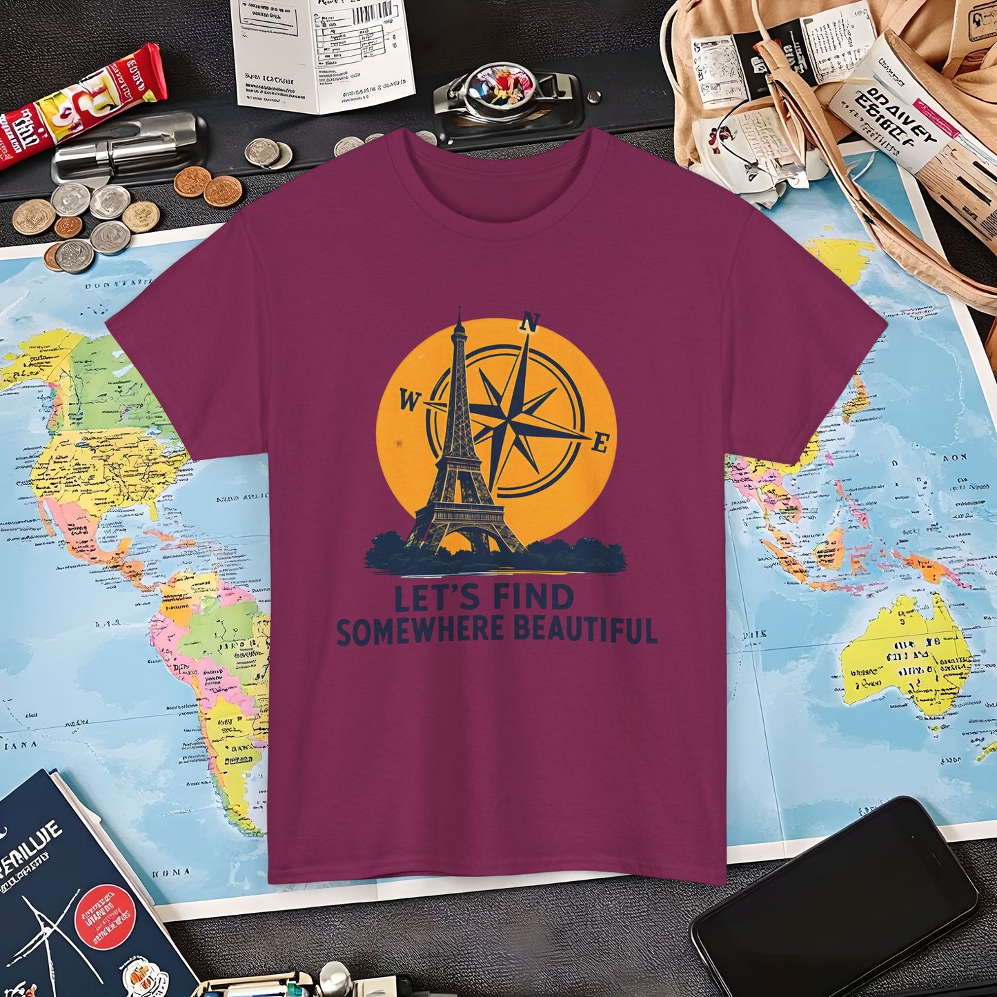 Eiffel Tower and Compass T-Shirt – Let’s Find Somewhere Beautiful Adventure Design Air Travel T-Shirts | Jetsetter, Airport, and International Flight Tees