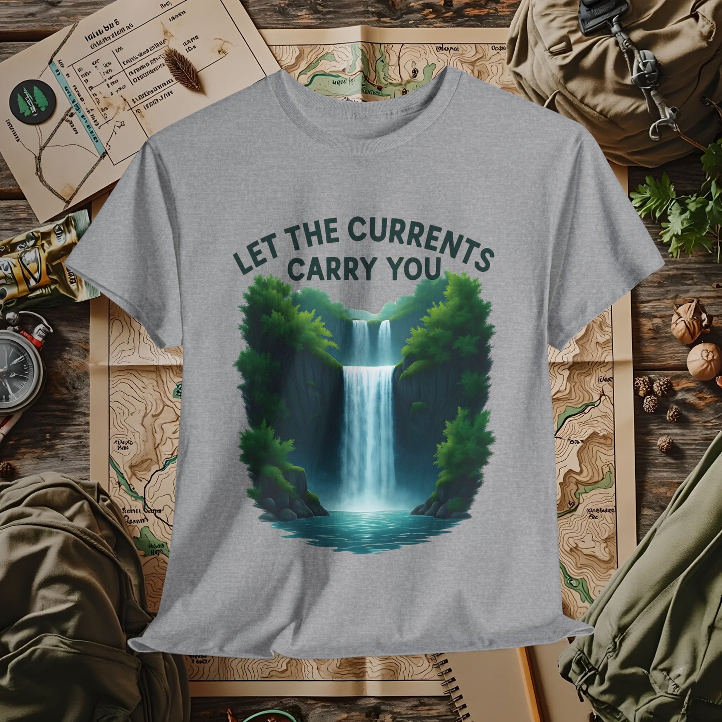 Let the Currents Carry You T-Shirt – Waterfall Escape Design Camping, Hiking, Rafting & Kayaking Tees for Nature Lovers