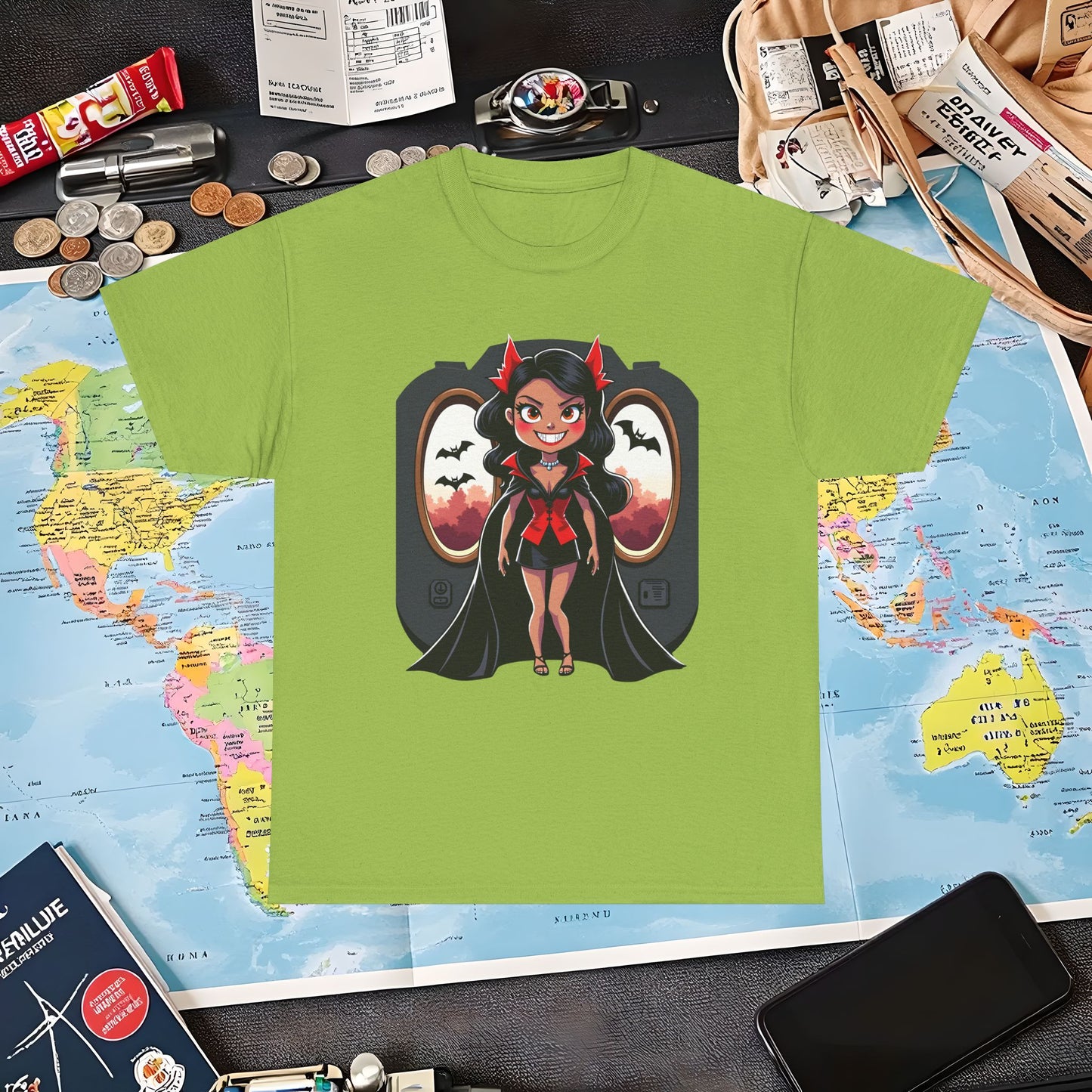Vampire Flight Attendant T-Shirt – Gothic Girl with Bats Flying Outside the Plane Air Travel T-Shirts | Jetsetter, Airport, and International Flight Tees