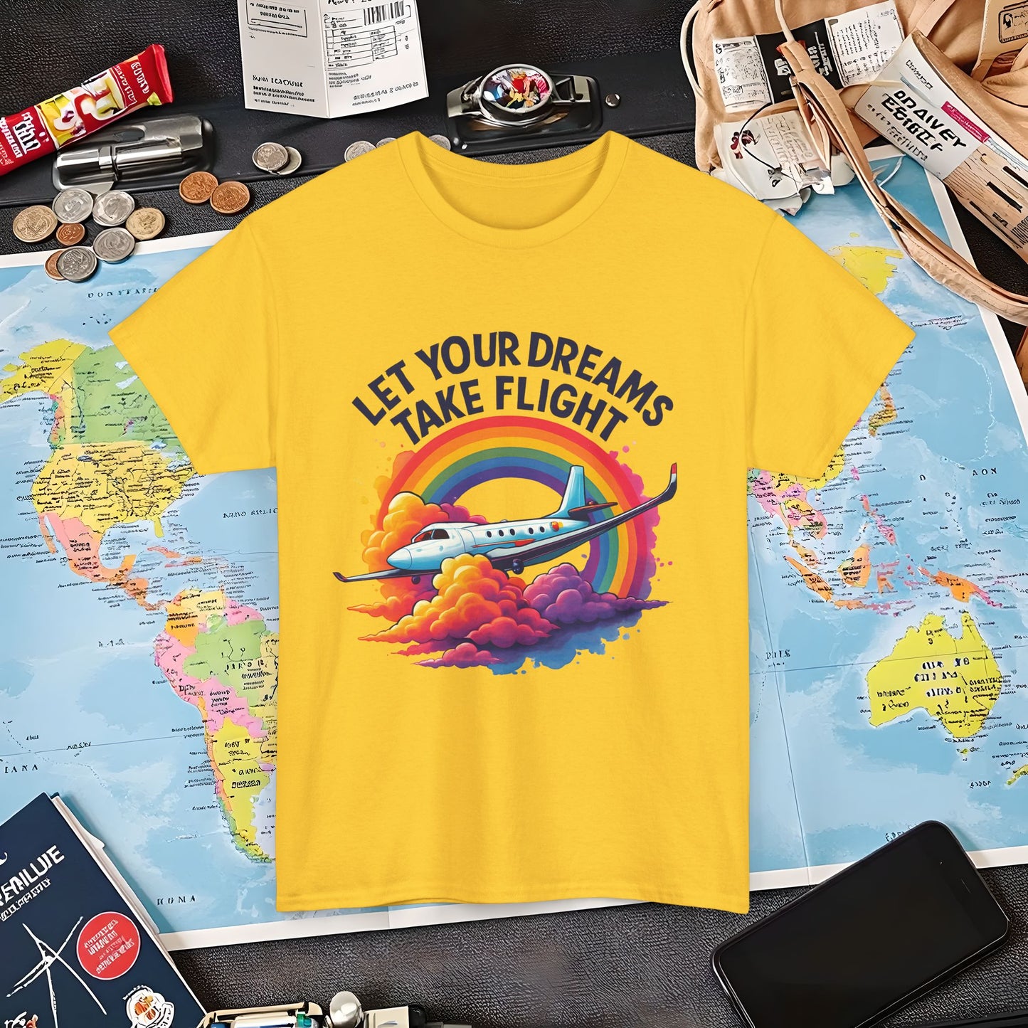 Let Your Dreams Take Flight T-Shirt – Airplane with Rainbow Trail Design Air Travel T-Shirts | Jetsetter, Airport, and International Flight Tees