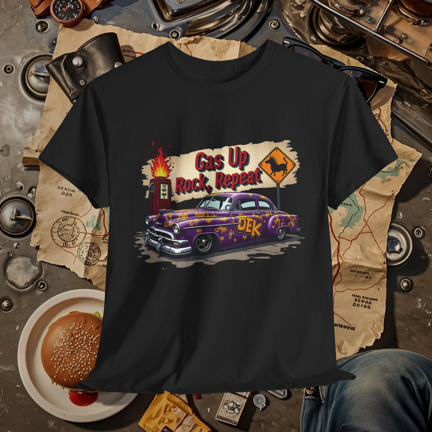 Gas Up, Rock and Repeat Road Trip & Vehicle Travel T-Shirts | Car, RV, and Motorcycle Adventure Tees