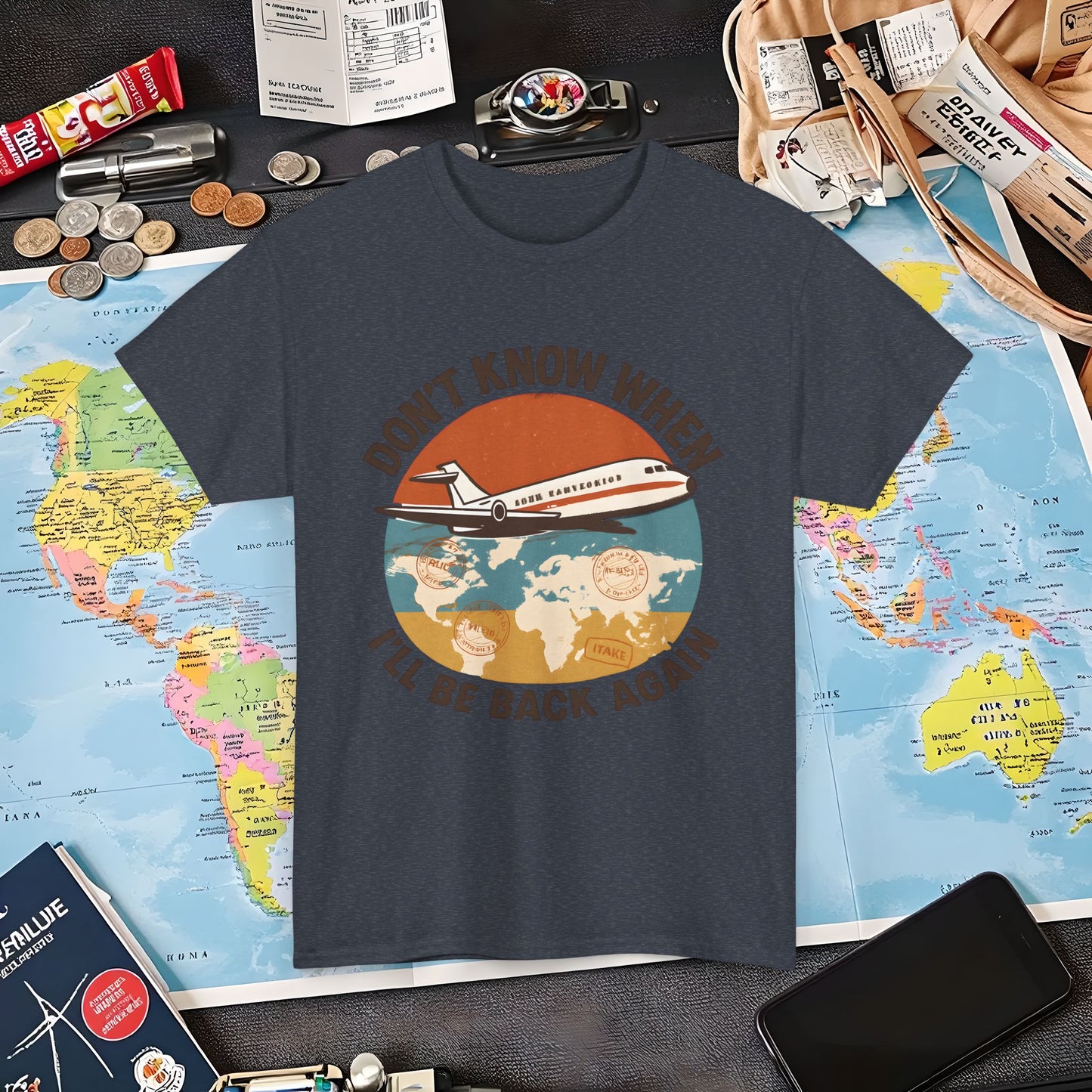 Don’t Know When I’ll Be Back Again T-Shirt – Retro ’70s Jet & Vintage Map Travel Design Air Travel T-Shirts | Jetsetter, Airport, and International Flight Tees