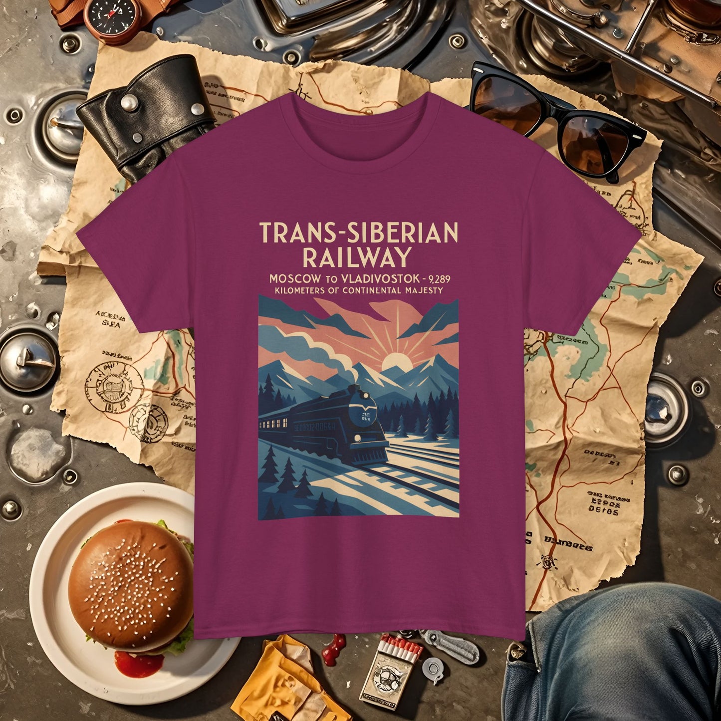 Trans-Siberian Twilight – Art Deco Russian Train Journey Tee Road Trip & Vehicle Travel T-Shirts | Car, RV, and Motorcycle Adventure Tees