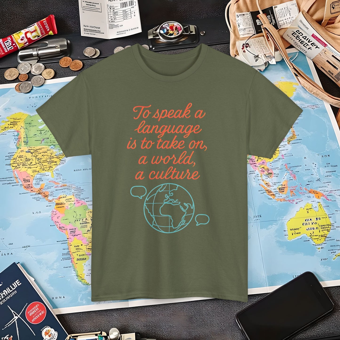 To Speak a Language Is to Take on a World – Cultural Connection Tee with Globe & Speech Bubbles | Layover Club Air Travel T-Shirts | Jetsetter, Airport, and International Flight Tees