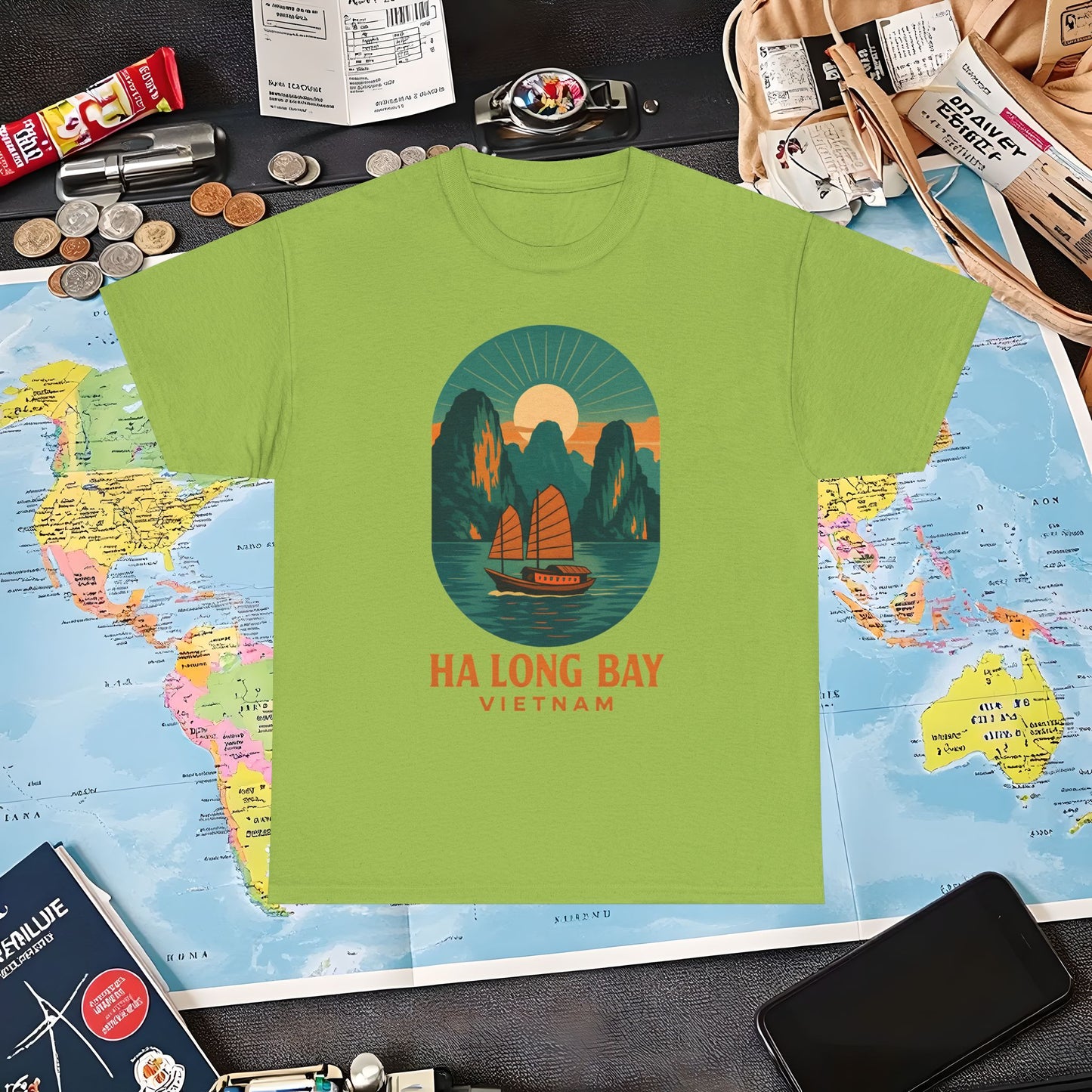 Ha Long Bay Vietnam T-Shirt – Art Deco Junk Boat Travel Shirt for Southeast Asia Lovers Air Travel T-Shirts | Jetsetter, Airport, and International Flight Tees