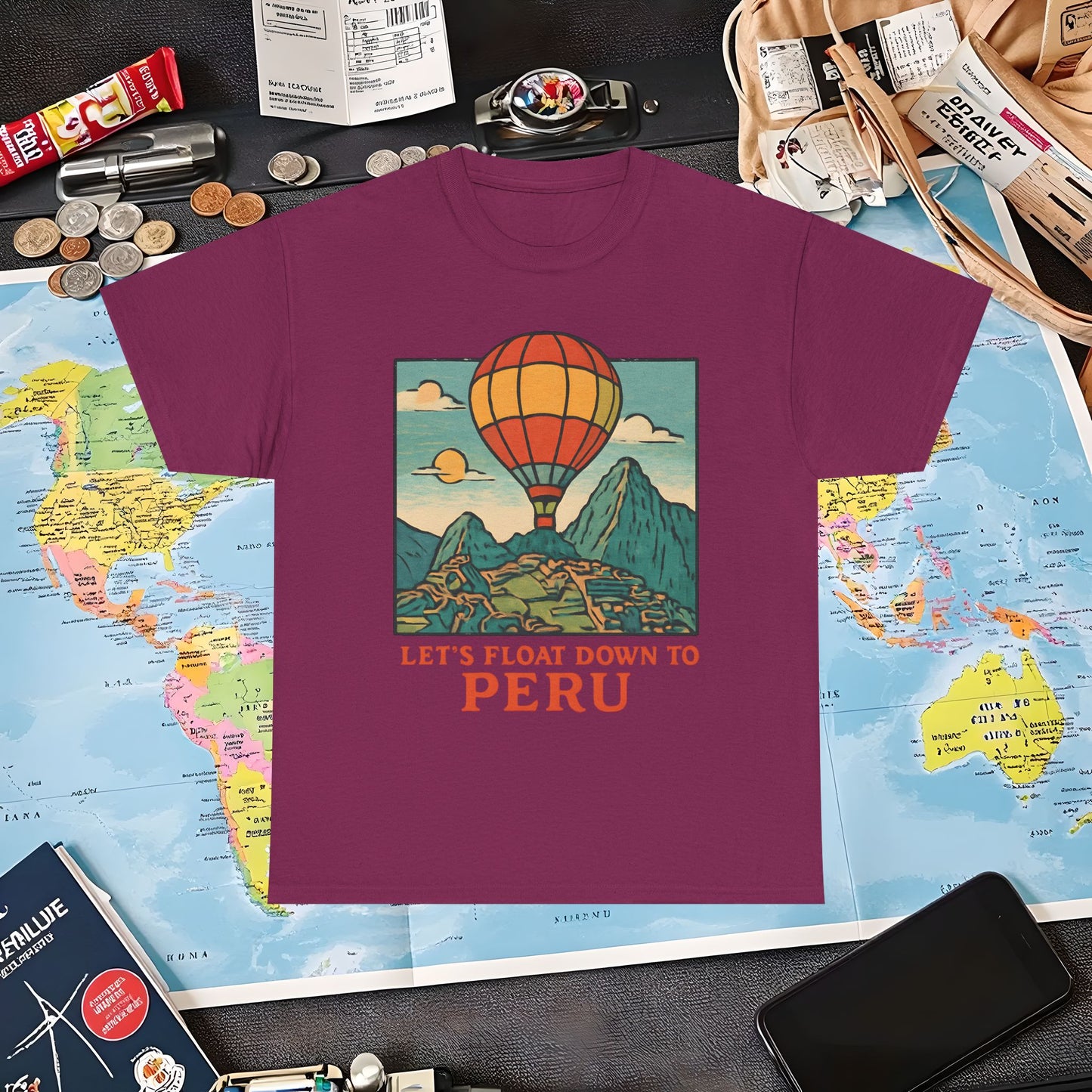 Let’s Float Down to Peru T-Shirt – Vintage Hot-Air Balloon Over Machu Picchu Design Air Travel T-Shirts | Jetsetter, Airport, and International Flight Tees
