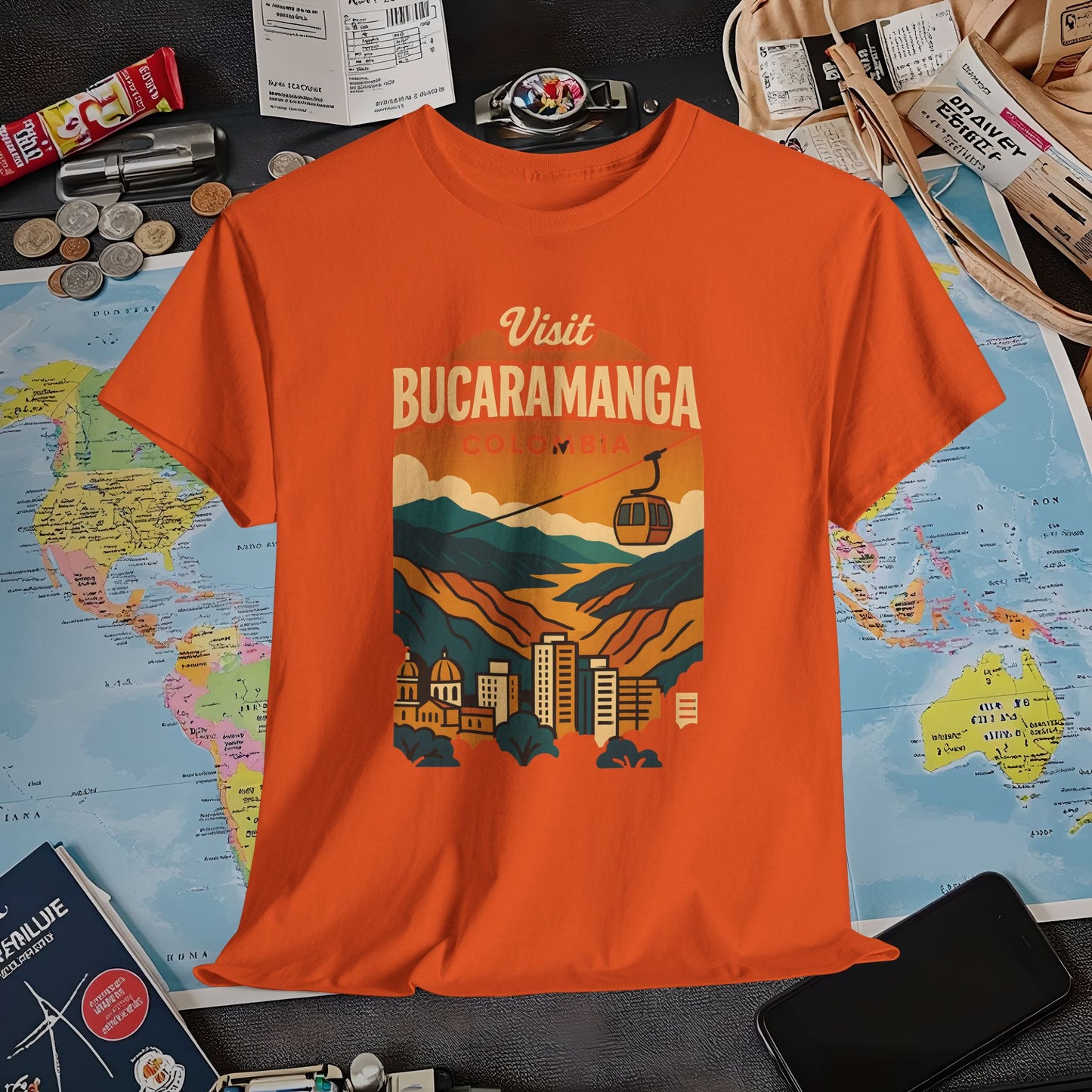 Retro Bucaramanga Skyline with Chicamocha Canyon – Vintage Colombia Travel Tee | Layover Club Air Travel T-Shirts | Jetsetter, Airport, and International Flight Tees