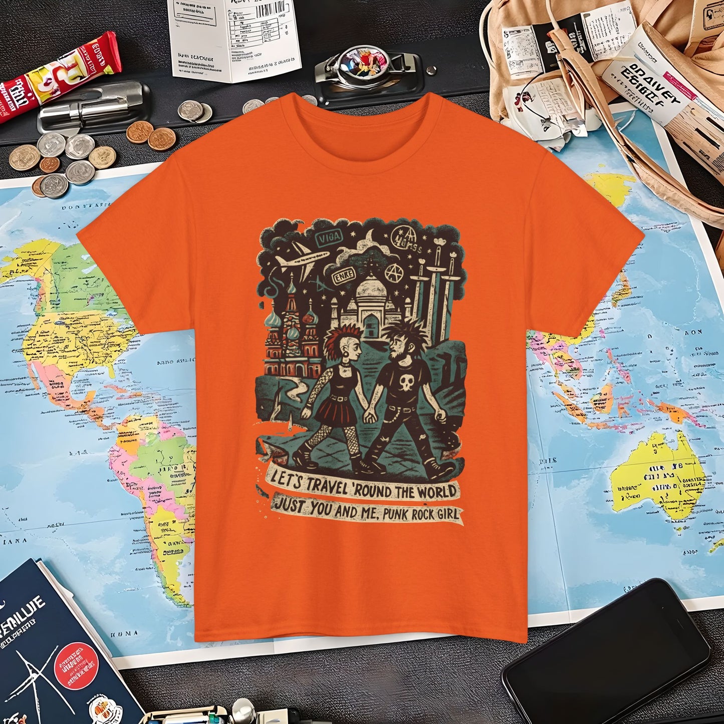 Let’s Travel 'Round the World, Just You and Me – Punk Rock Girl Global Adventure Tee Air Travel T-Shirts | Jetsetter, Airport, and International Flight Tees
