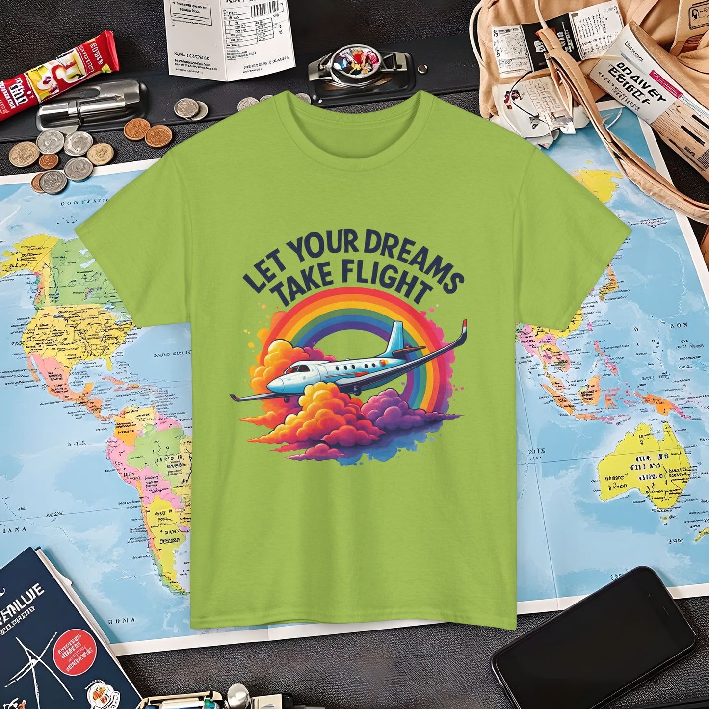 Let Your Dreams Take Flight T-Shirt – Airplane with Rainbow Trail Design Air Travel T-Shirts | Jetsetter, Airport, and International Flight Tees
