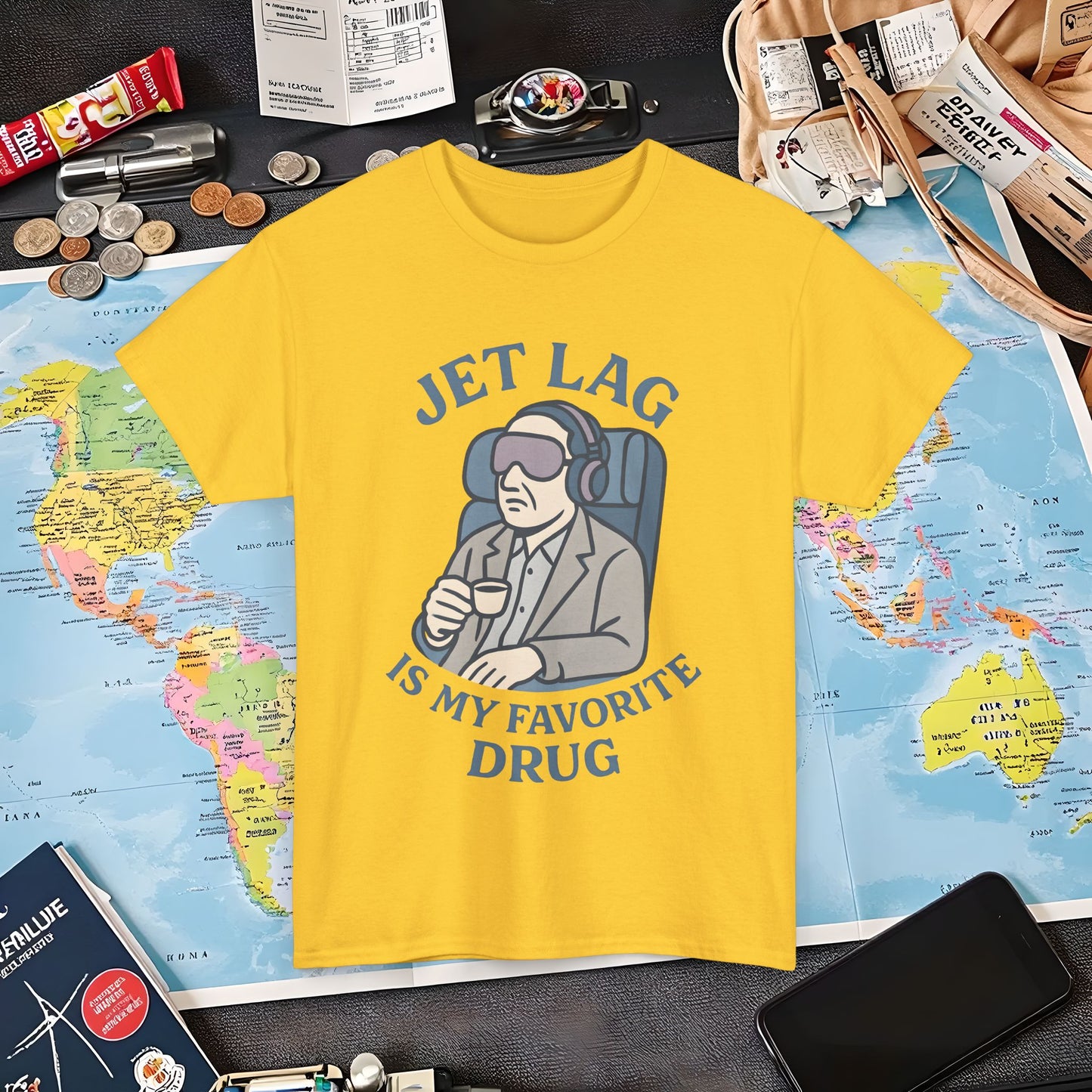 Jet Lag Is My Favorite Drug – Vintage Espresso & Travel Vibes Tee Air Travel T-Shirts | Jetsetter, Airport, and International Flight Tees