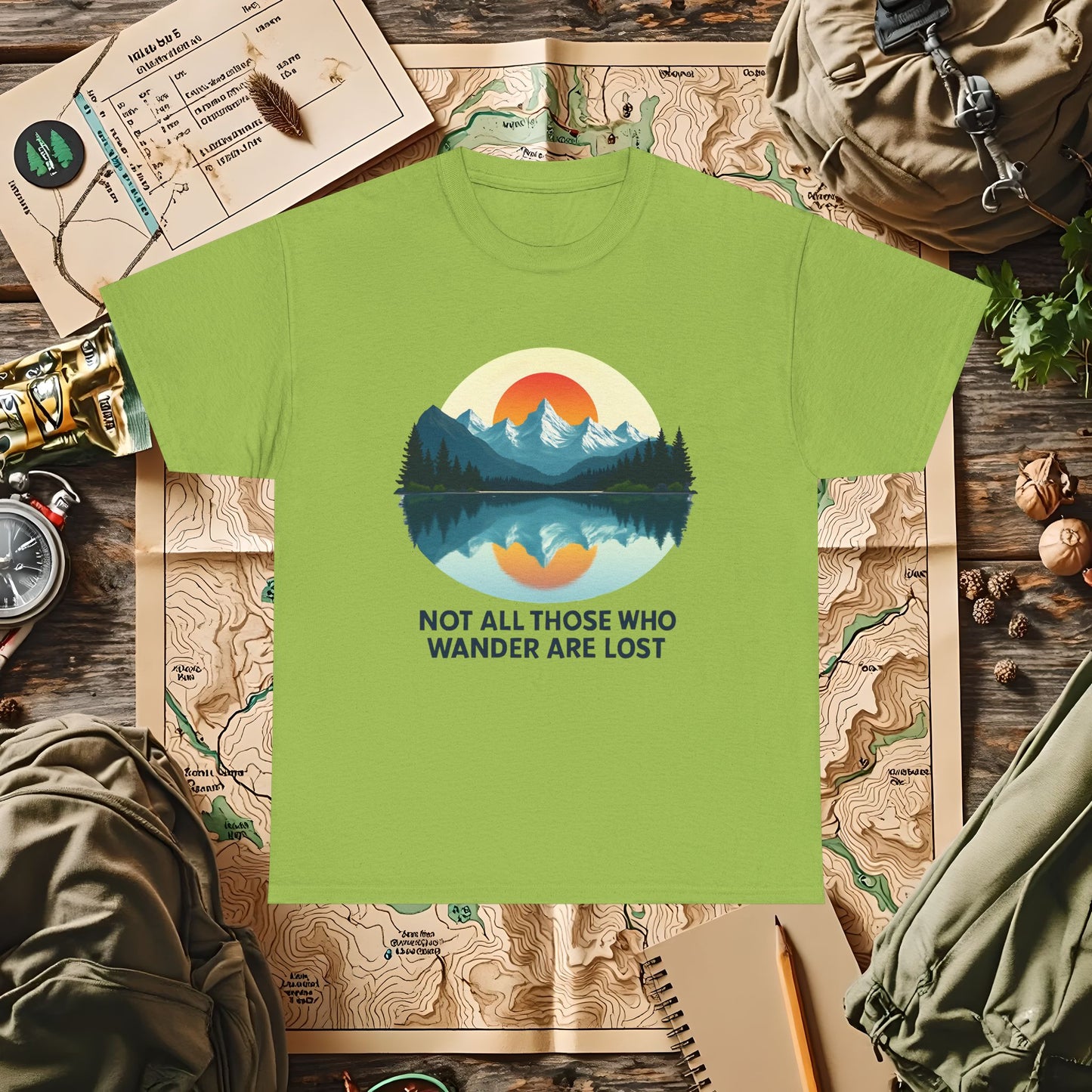 Not All Who Wander Are Lost T-Shirt – Sunset Over Mountain Lake and Forest Reflection Camping, Hiking, Rafting & Kayaking Tees for Nature Lovers