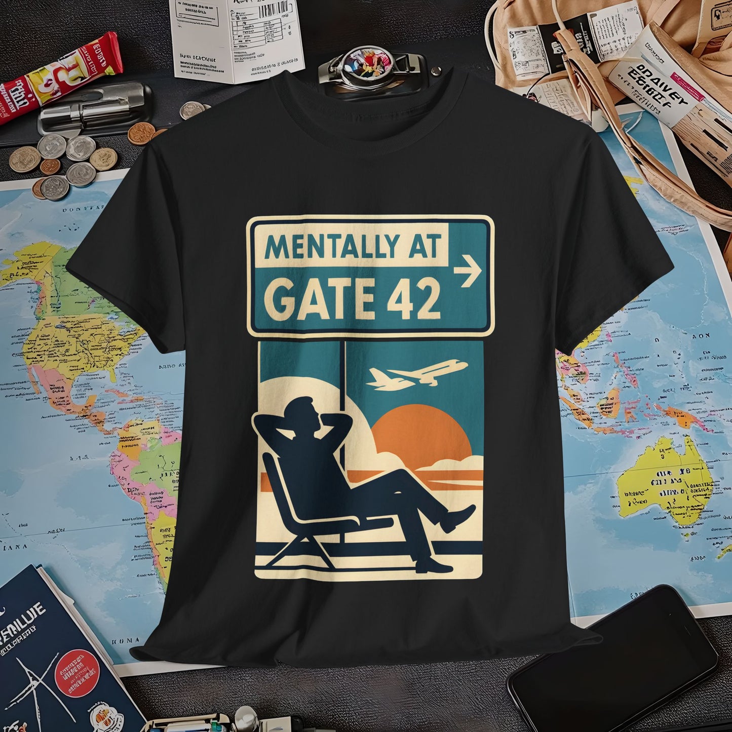 Mentally at Gate 42 Tee – Retro Airport Daydream Vibes Shirt Air Travel T-Shirts | Jetsetter, Airport, and International Flight Tees