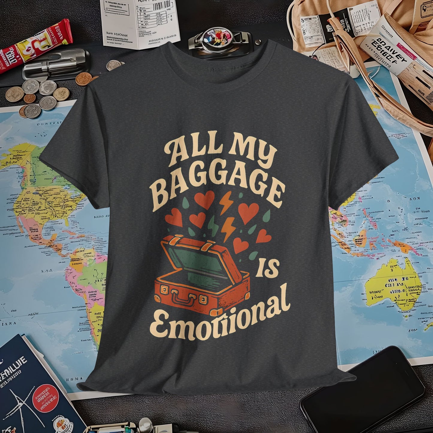 All My Baggage Is Emotional – Retro Suitcase Overflowing with Feelings Tee Air Travel T-Shirts | Jetsetter, Airport, and International Flight Tees