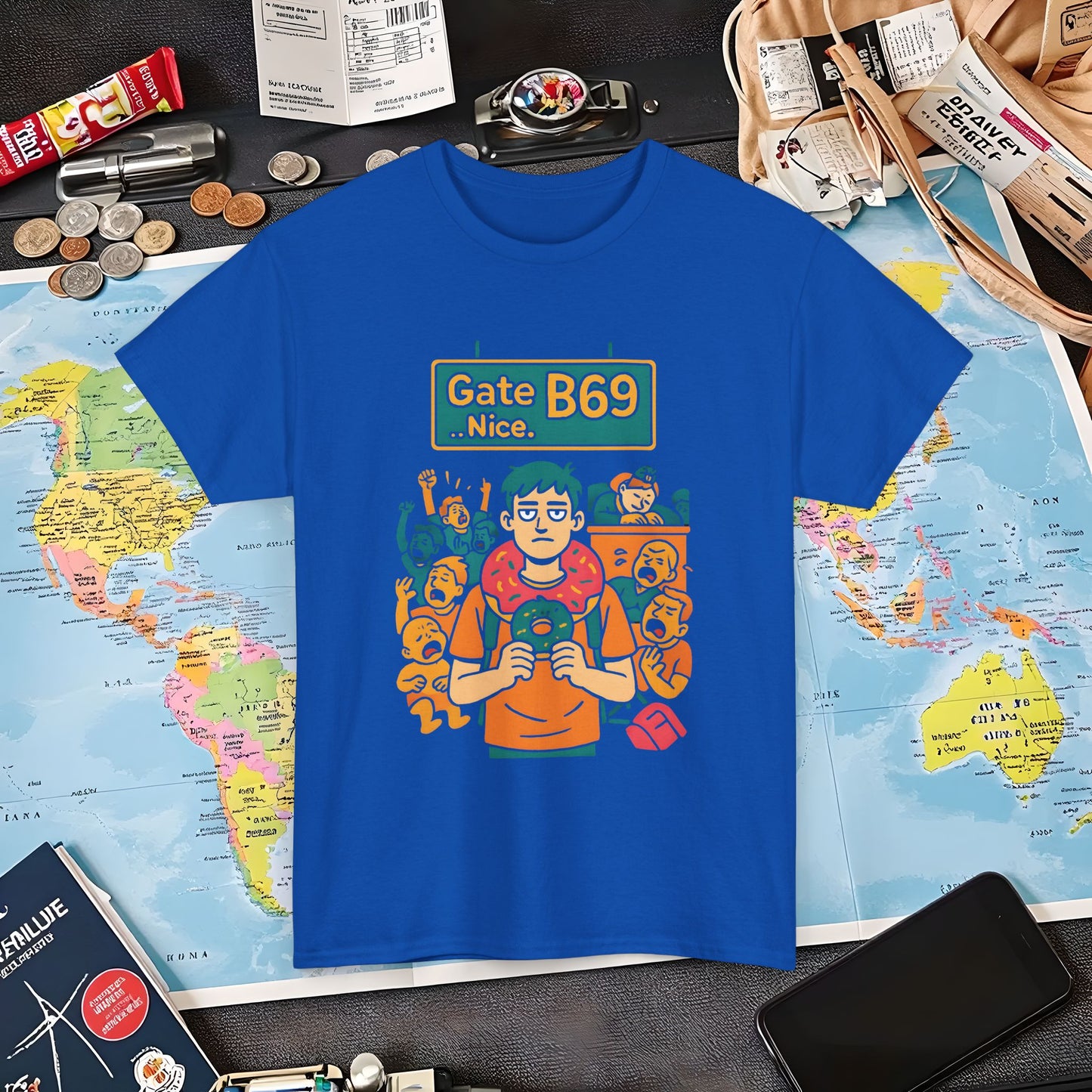 Gate B69 Deadpan Traveler T-Shirt — Chill at Chaotic Airport Terminal Layover Tee Air Travel T-Shirts | Jetsetter, Airport, and International Flight Tees