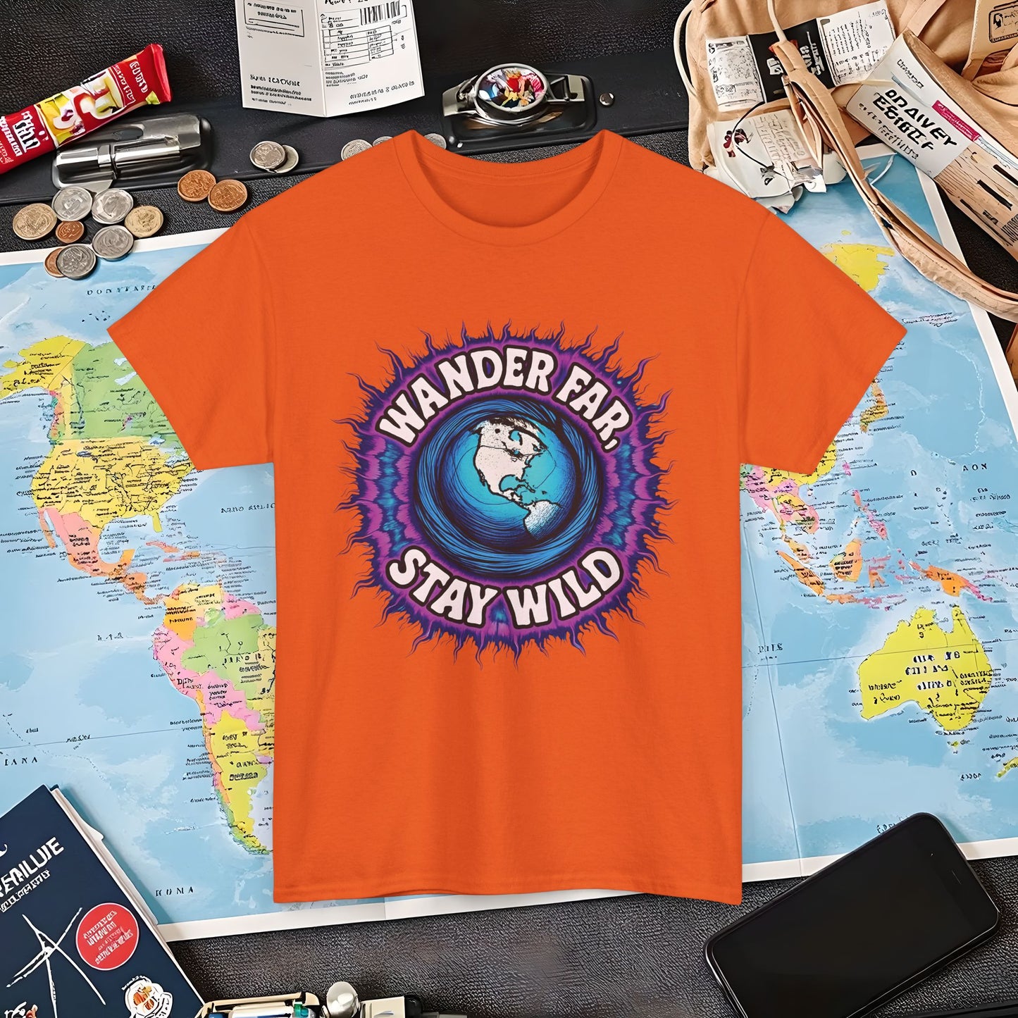 Wander Far, Stay Wild T-Shirt – Globe Burst Adventure Design Air Travel T-Shirts | Jetsetter, Airport, and International Flight Tees