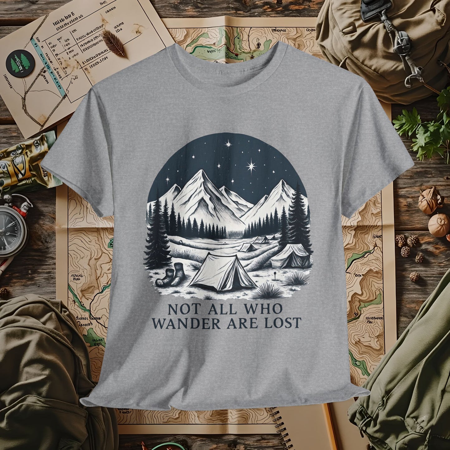 Not All Who Wander Are Lost T-Shirt – Mountain Camping Under Starry Night Camping, Hiking, Rafting & Kayaking Tees for Nature Lovers