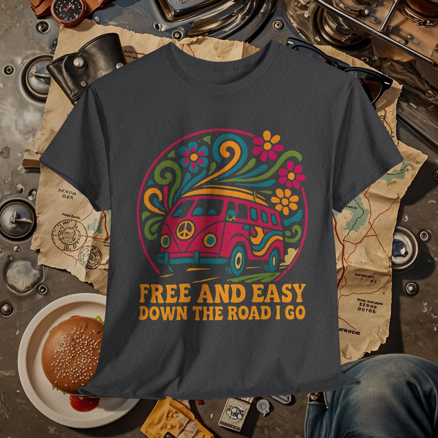 Free and Easy T-Shirt – Retro Hippie Van with Floral Freedom Vibes
