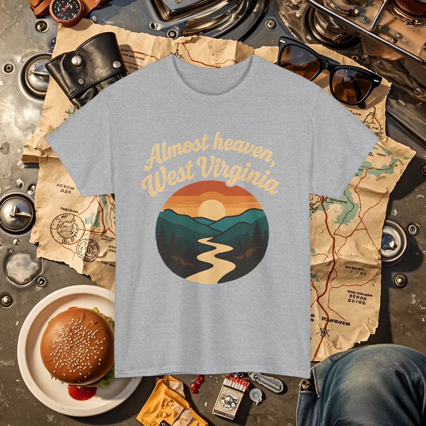 Almost Heaven, West Virginia T-Shirt – Vintage Appalachian Sunset with Winding River Road Trip & Vehicle Travel T-Shirts | Car, RV, and Motorcycle Adventure Tees