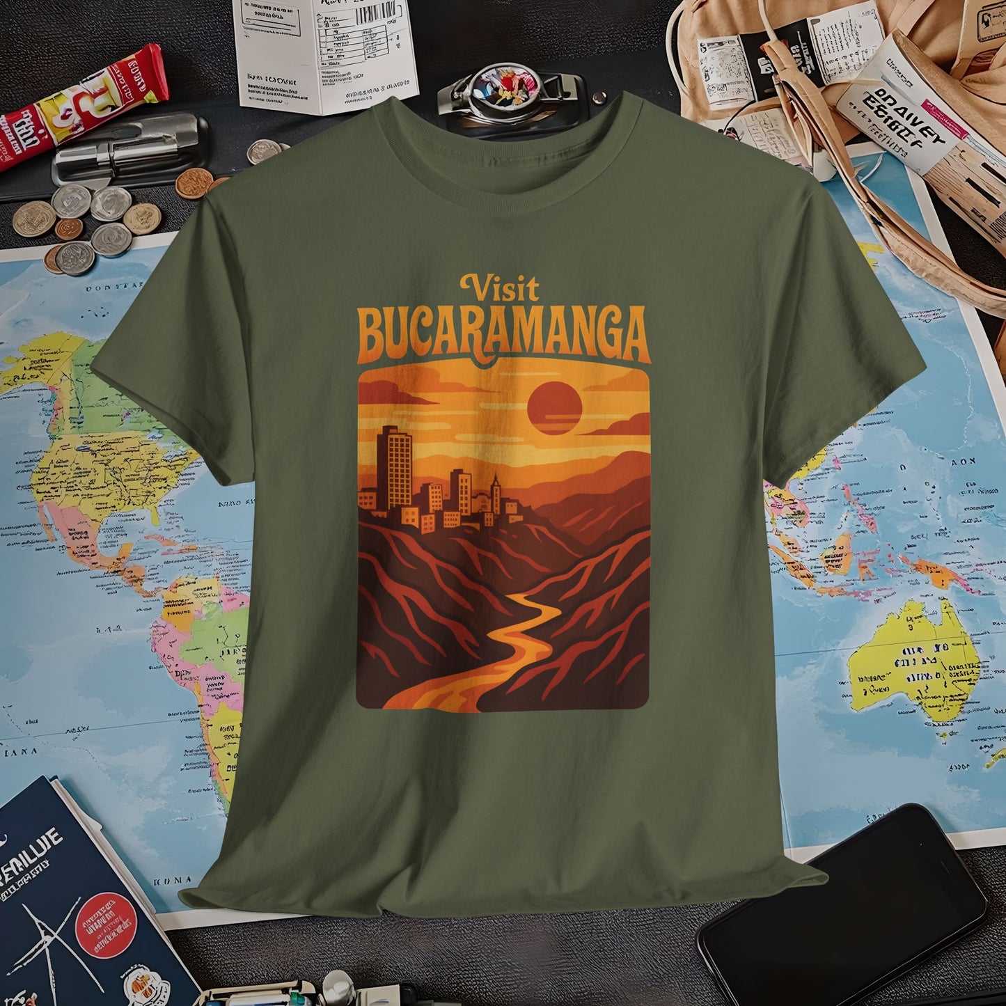 Retro Bucaramanga Skyline & Chicamocha Canyon Sunset – Vintage Colombia Travel Tee | Layover Club Air Travel T-Shirts | Jetsetter, Airport, and International Flight Tees
