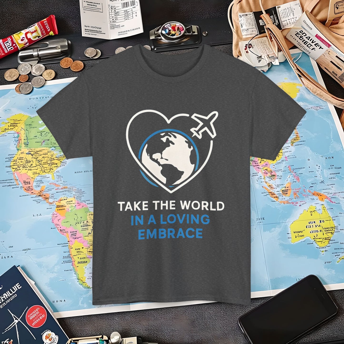 Take the World in a Loving Embrace T-Shirt – Heart in Flight Over Globe Design Air Travel T-Shirts | Jetsetter, Airport, and International Flight Tees