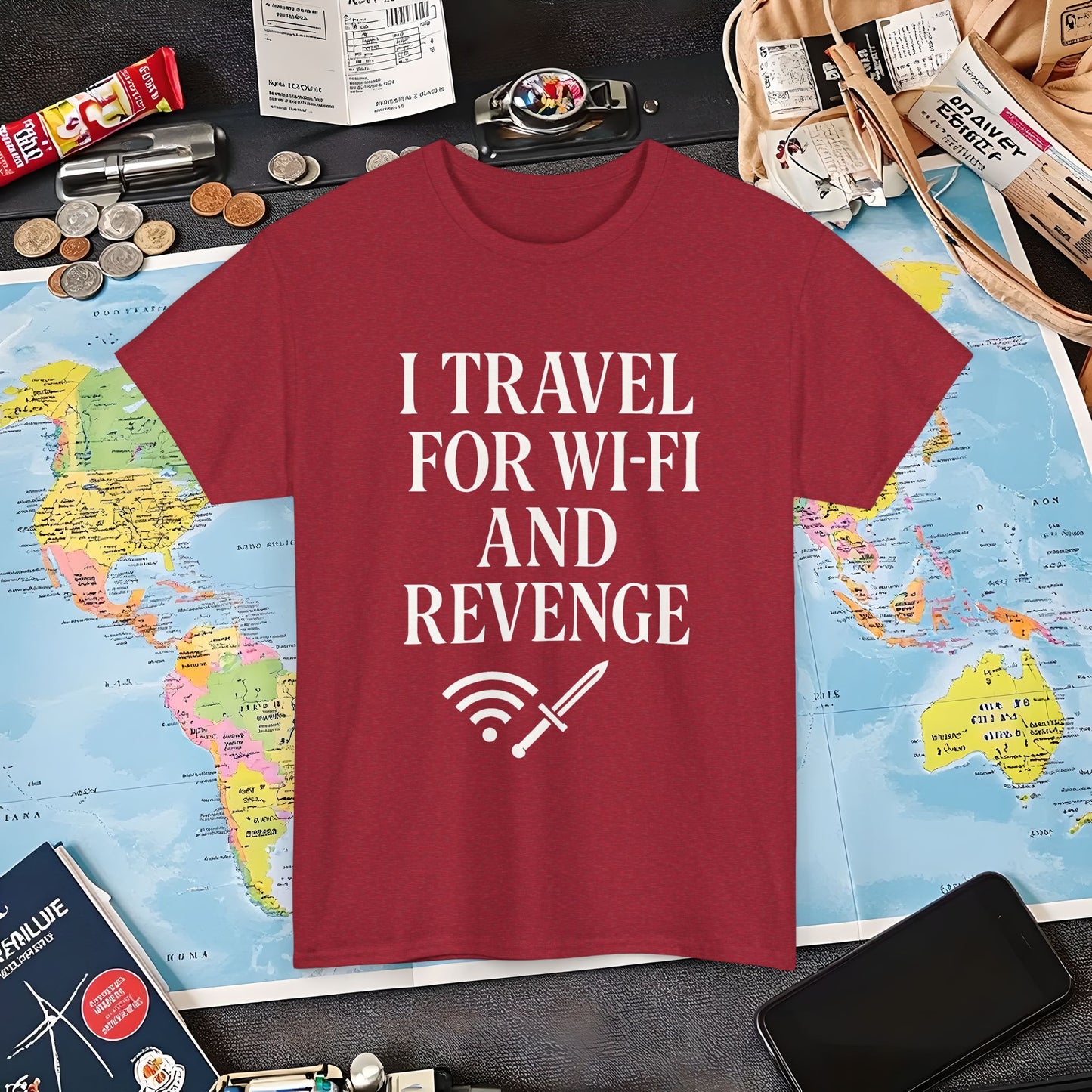 I Travel for WiFi and Revenge – Bold Quote Tee with Dagger Icon Air Travel T-Shirts | Jetsetter, Airport, and International Flight Tees