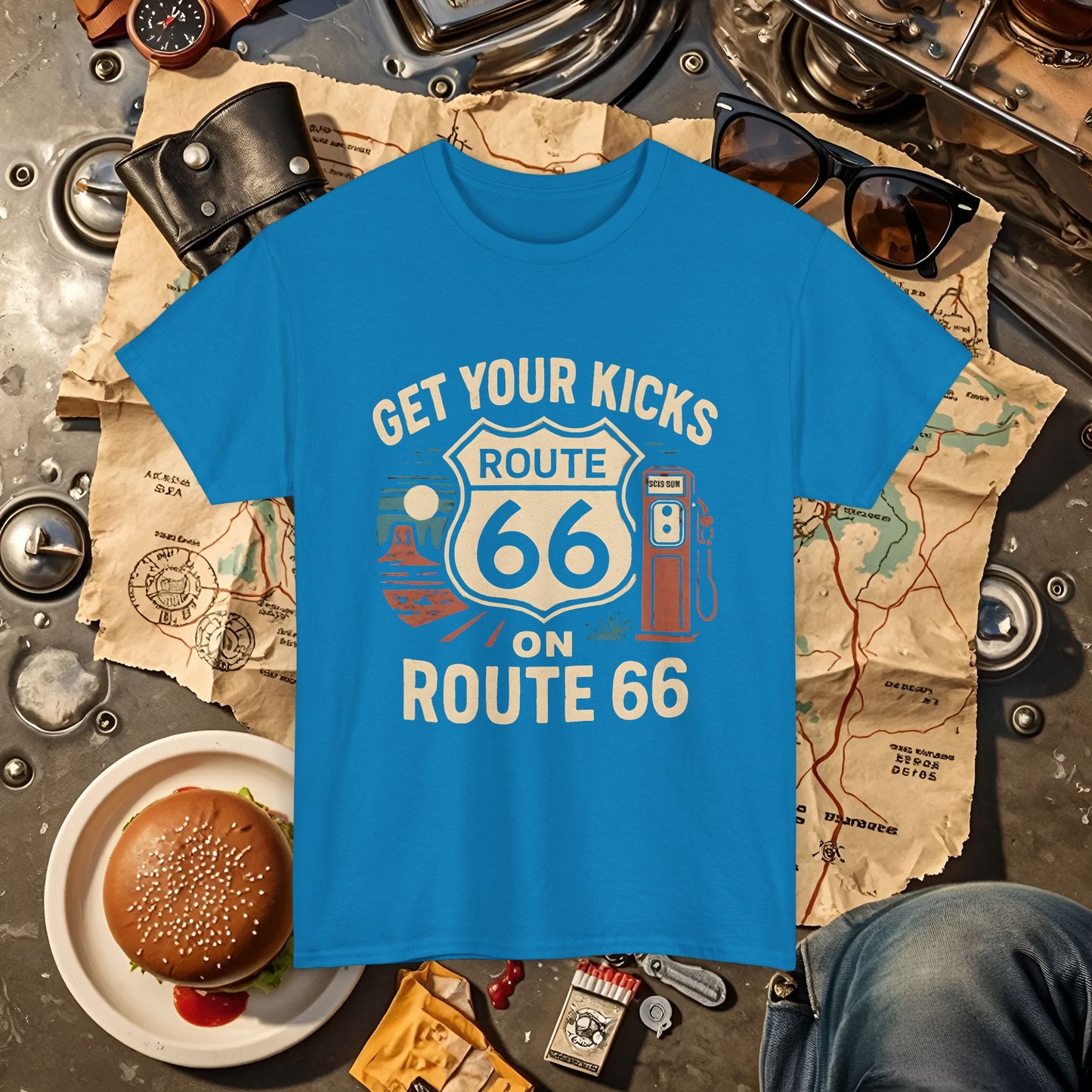 Get Your Kicks on Route 66 T-Shirt – Vintage Desert Scene with Classic Gas Pump & Roadside Vibes Road Trip & Vehicle Travel T-Shirts | Car, RV, and Motorcycle Adventure Tees