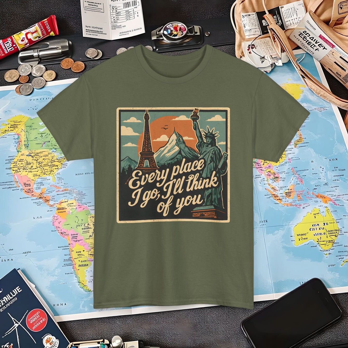 Every Place I Go, I’ll Think of You T-Shirt – Vintage Postcard Travel Collage with Iconic Landmarks Air Travel T-Shirts | Jetsetter, Airport, and International Flight Tees