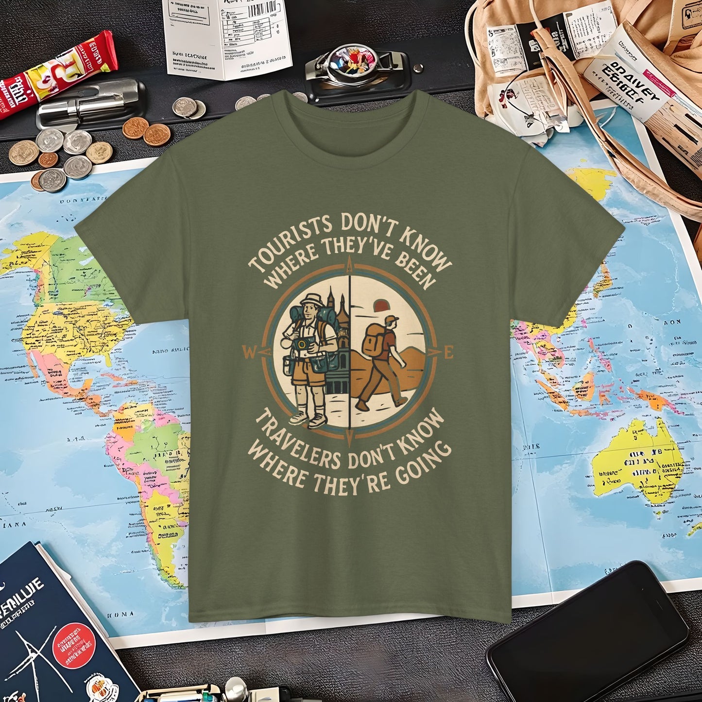 Tourists vs. Travelers – Vintage Compass Emblem Quote Tee | Layover Club Air Travel T-Shirts | Jetsetter, Airport, and International Flight Tees