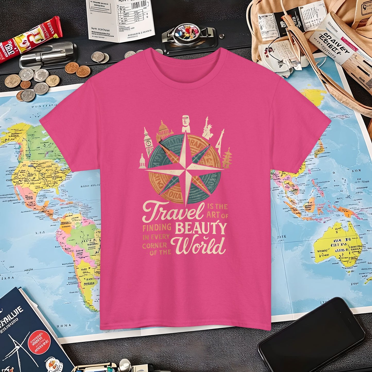 Travel Is the Art of Finding Beauty – Vintage Compass Rose & World Landmark Tee | Layover Club Air Travel T-Shirts | Jetsetter, Airport, and International Flight Tees