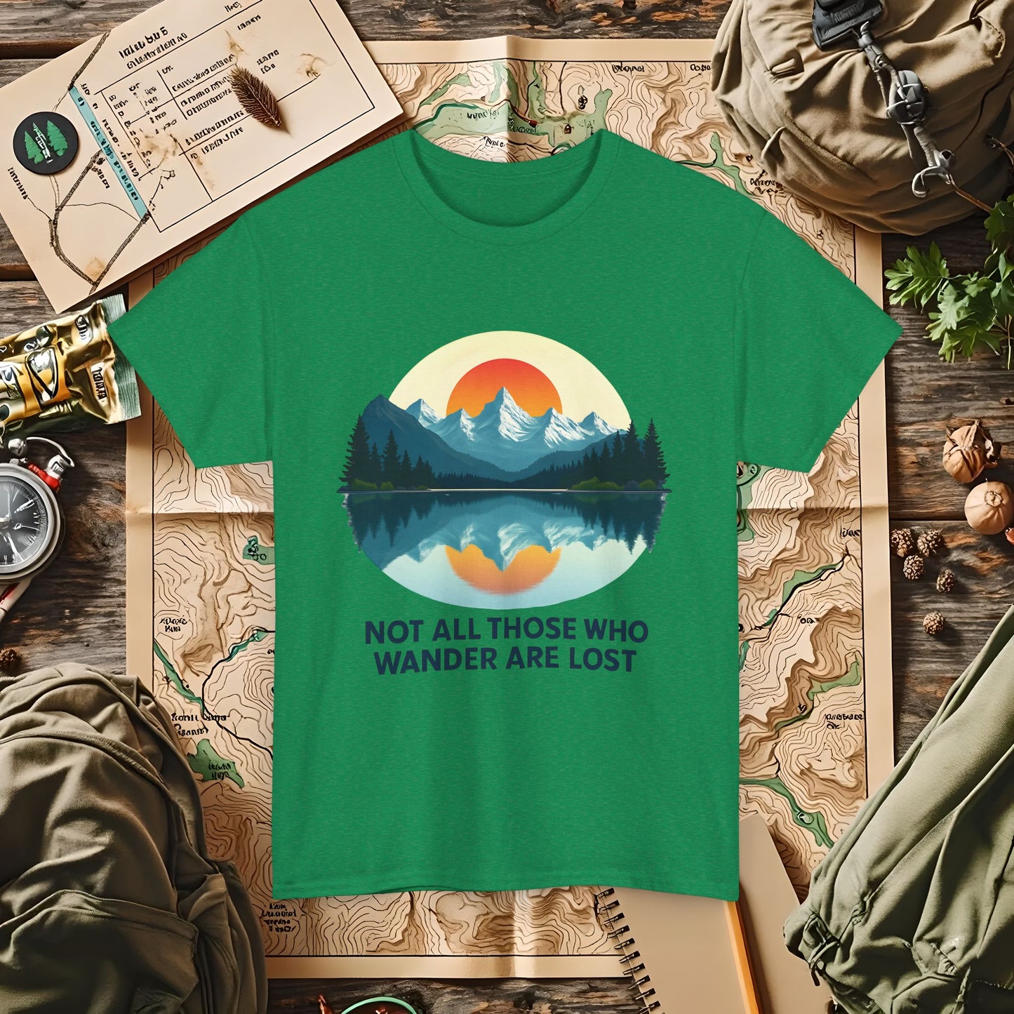 Not All Who Wander Are Lost T-Shirt – Sunset Over Mountain Lake and Forest Reflection Camping, Hiking, Rafting & Kayaking Tees for Nature Lovers