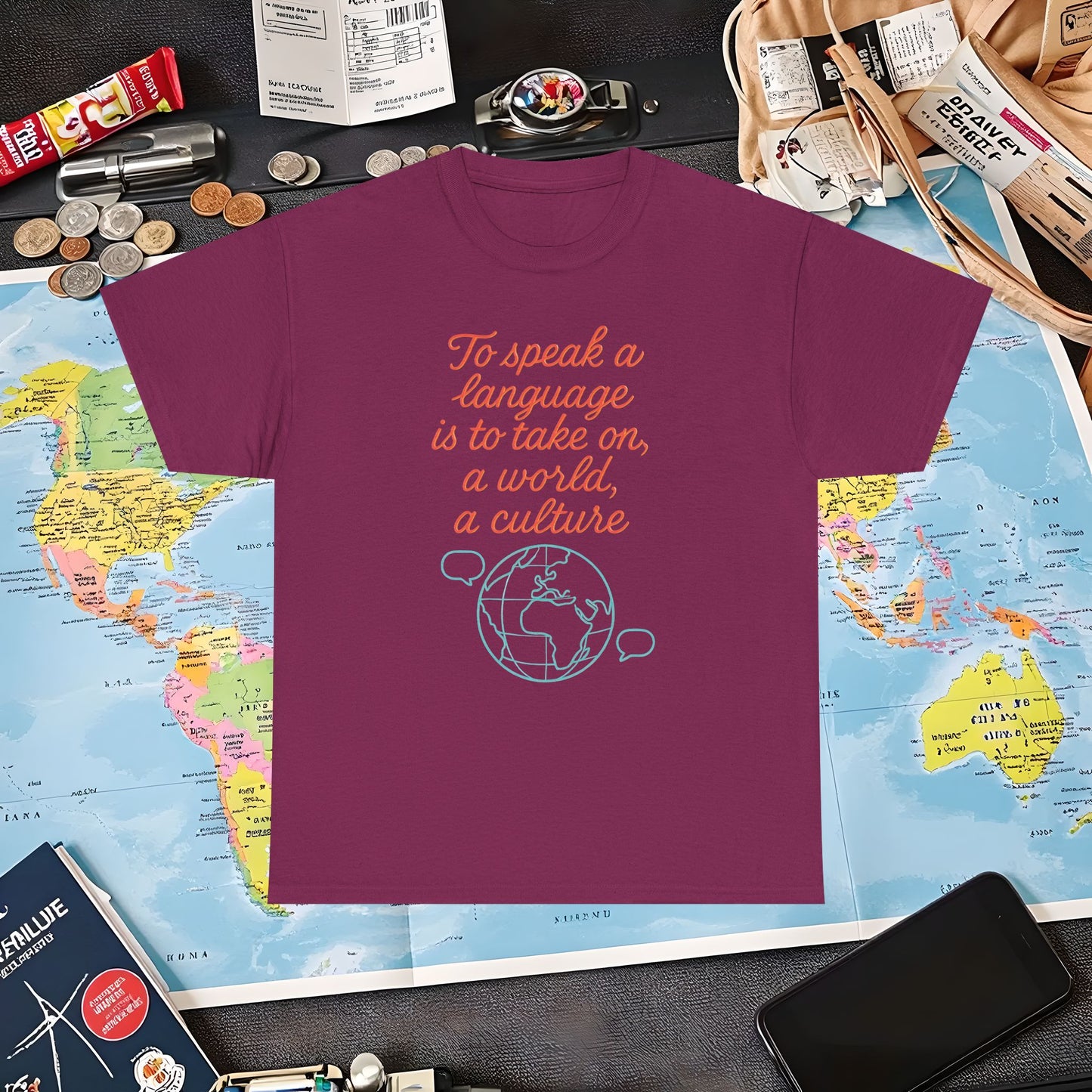 To Speak a Language Is to Take on a World – Cultural Connection Tee with Globe & Speech Bubbles | Layover Club Air Travel T-Shirts | Jetsetter, Airport, and International Flight Tees