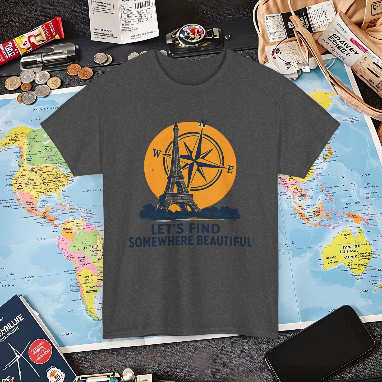 Eiffel Tower and Compass T-Shirt – Let’s Find Somewhere Beautiful Adventure Design Air Travel T-Shirts | Jetsetter, Airport, and International Flight Tees